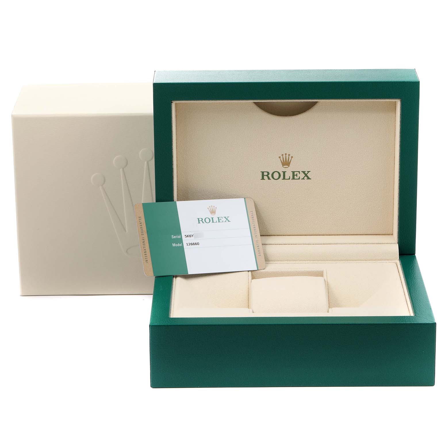The image shows the open box, case, and warranty card for a Rolex Sea-Dweller 126660 Men
s Stainless Steel Blue Dial 126660 Men
s Stainless Steel Blue Dial watch.