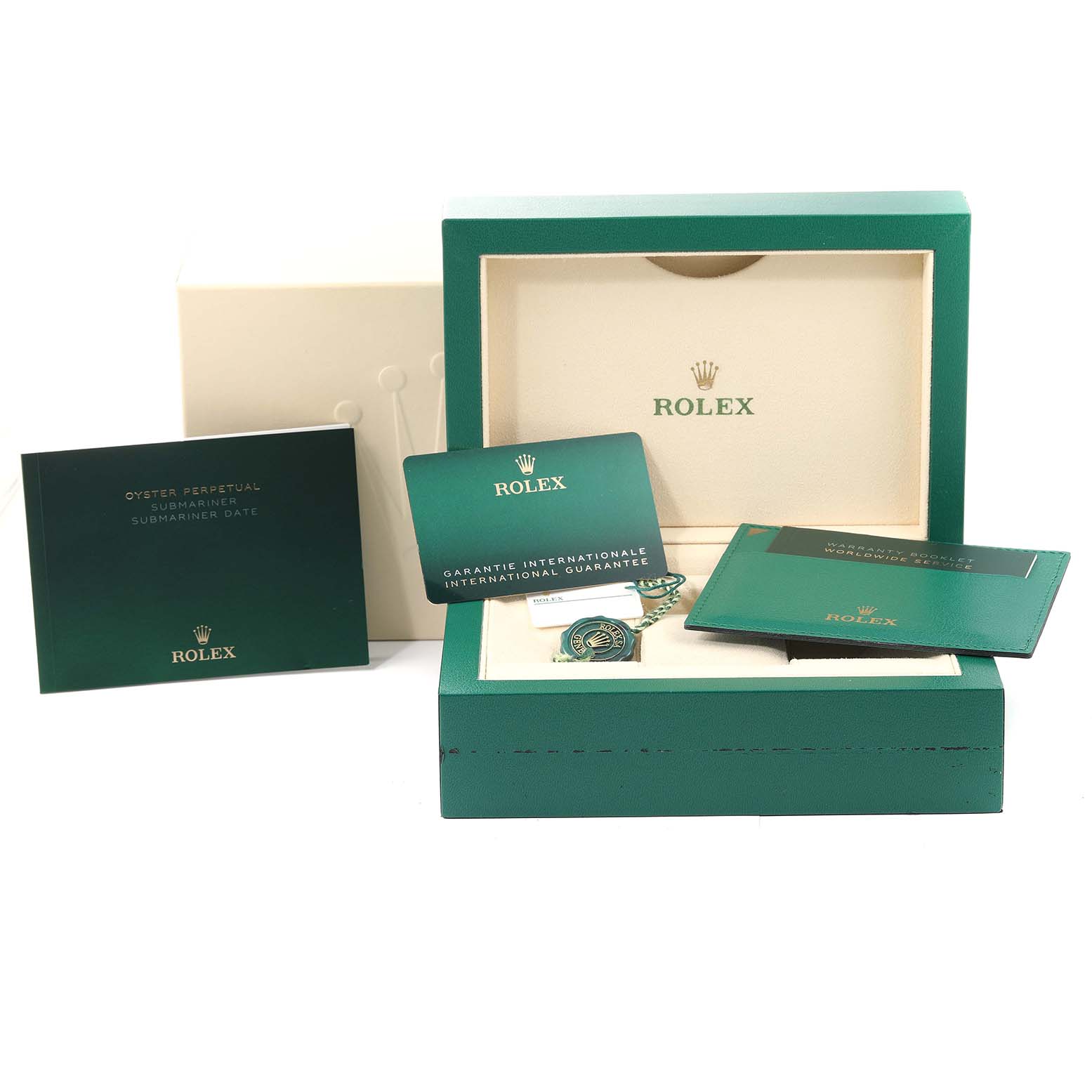 The image shows the packaging and accompanying accessories for a Rolex Submariner 126613 Men's Steel and Gold (two tone) Blue Dial 126613 Men's Steel and Gold (two tone) Blue Dial, including the box, booklets, and guarantee card.