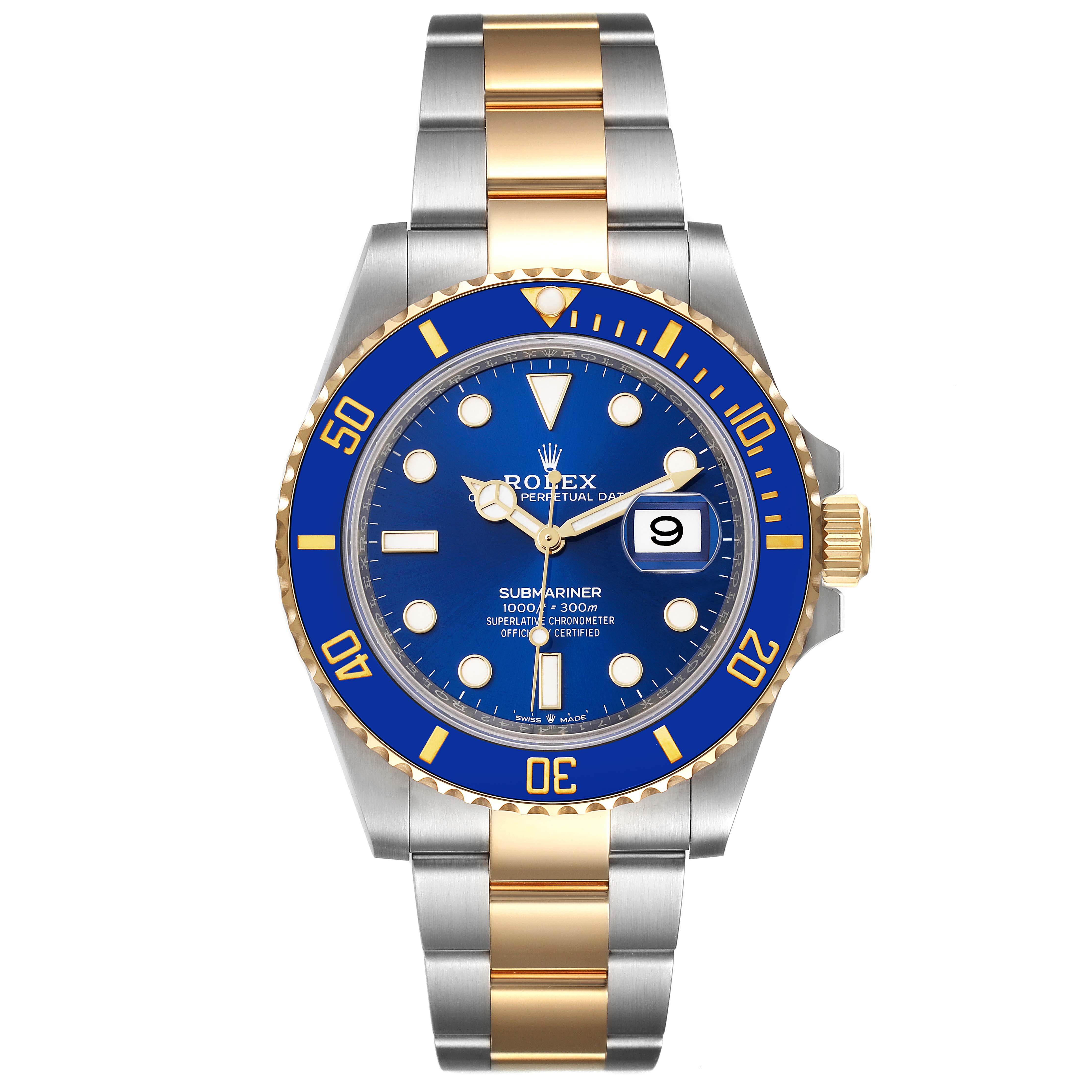 The image shows a front view of a Rolex Submariner 126613 Men's Steel and Gold (two tone) Blue Dial 126613 Men's Steel and Gold (two tone) Blue Dial watch featuring a blue dial, date display, and a two-tone bracelet.