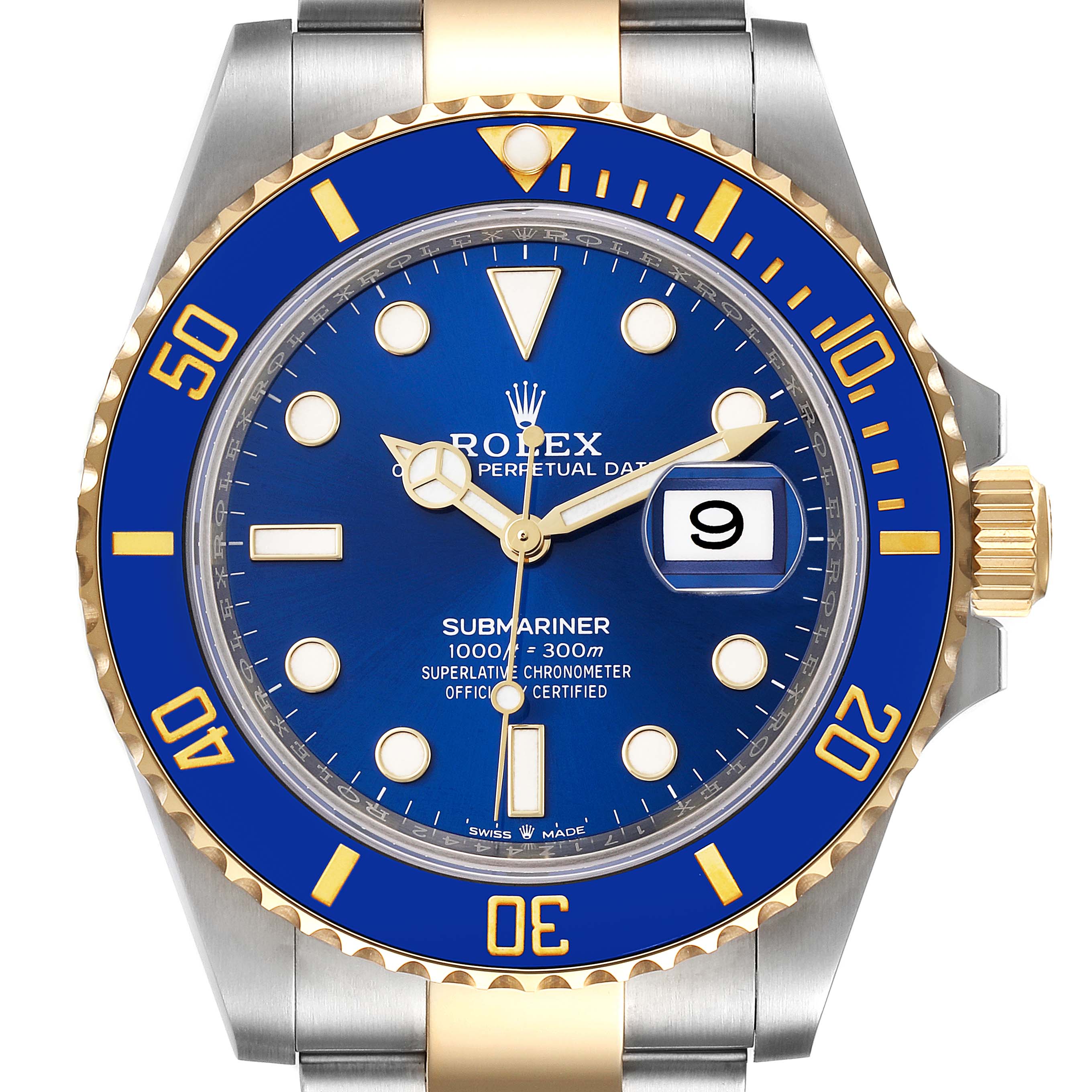 The image shows a front-view angle of a Rolex Submariner 126613 Men's Steel and Gold (two tone) Blue Dial 126613 Men's Steel and Gold (two tone) Blue Dial watch, highlighting its blue dial, bezel, and two-tone bracelet.