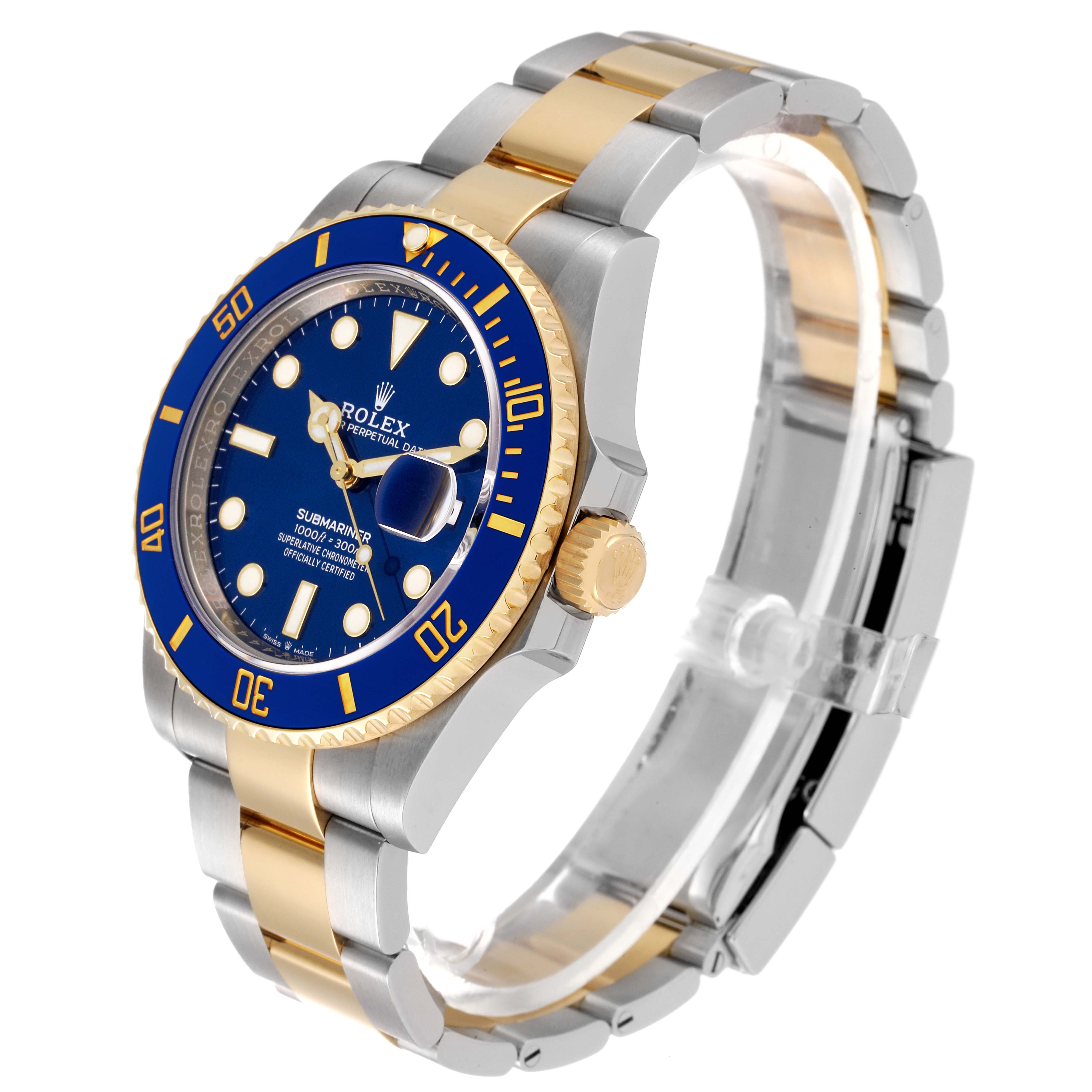 The image shows a side and partial top view of a Rolex Submariner 126613 Men's Steel and Gold (two tone) Blue Dial 126613 Men's Steel and Gold (two tone) Blue Dial watch, highlighting its blue dial, bezel, and steel-gold bracelet.