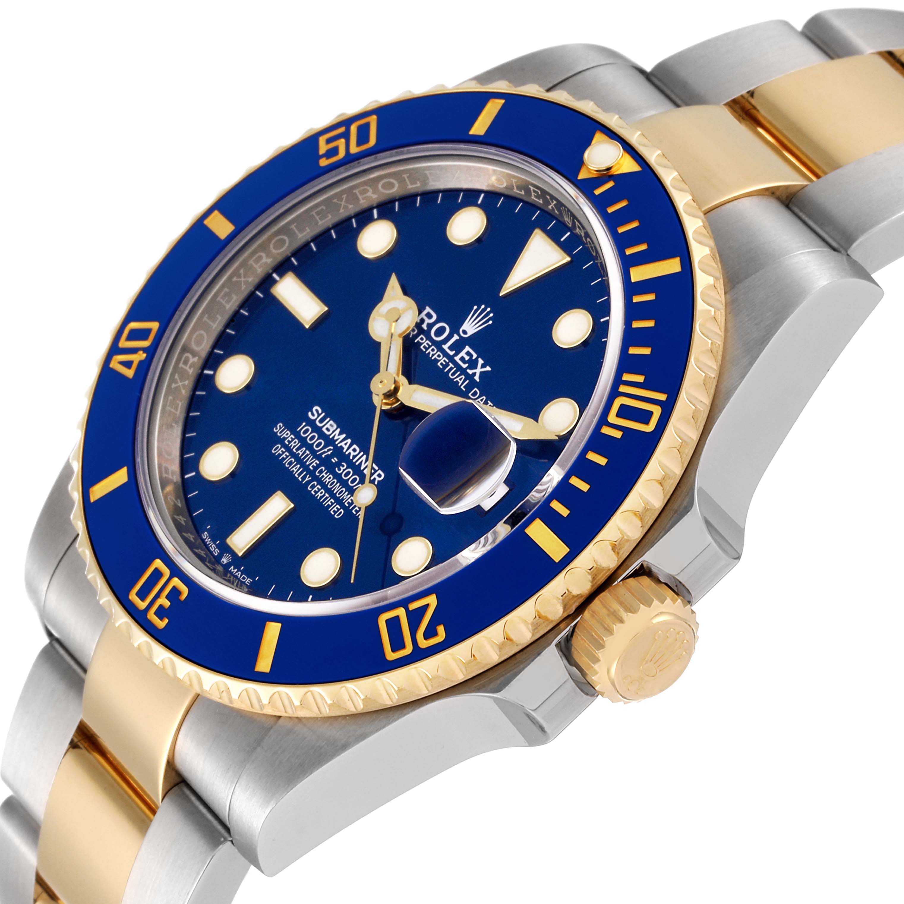 This image shows a close-up side angle of the Rolex Submariner 126613 Men's Steel and Gold (two tone) Blue Dial 126613 Men's Steel and Gold (two tone) Blue Dial, highlighting its blue dial, bezel, and two-tone bracelet.