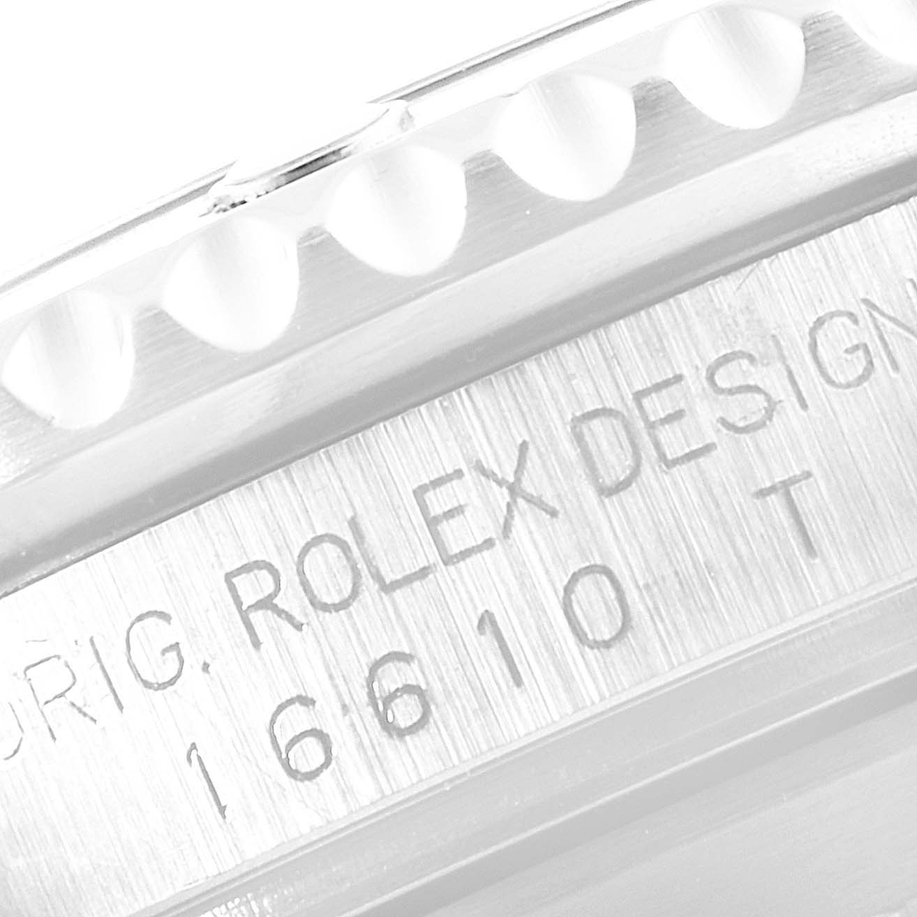 This image shows the engraved side of the bezel and case of a Rolex Submariner 16610 Men
s Stainless Steel Black Dial 16610 Men
s Stainless Steel Black Dial watch, highlighting the model number "16610."