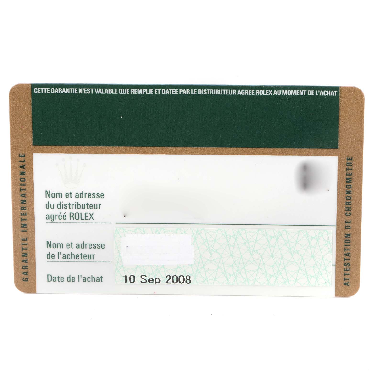 This is an international guarantee card for a Rolex Submariner 16610 Men
s Stainless Steel Black Dial 16610 Men
s Stainless Steel Black Dial watch, dated September 10, 2008.