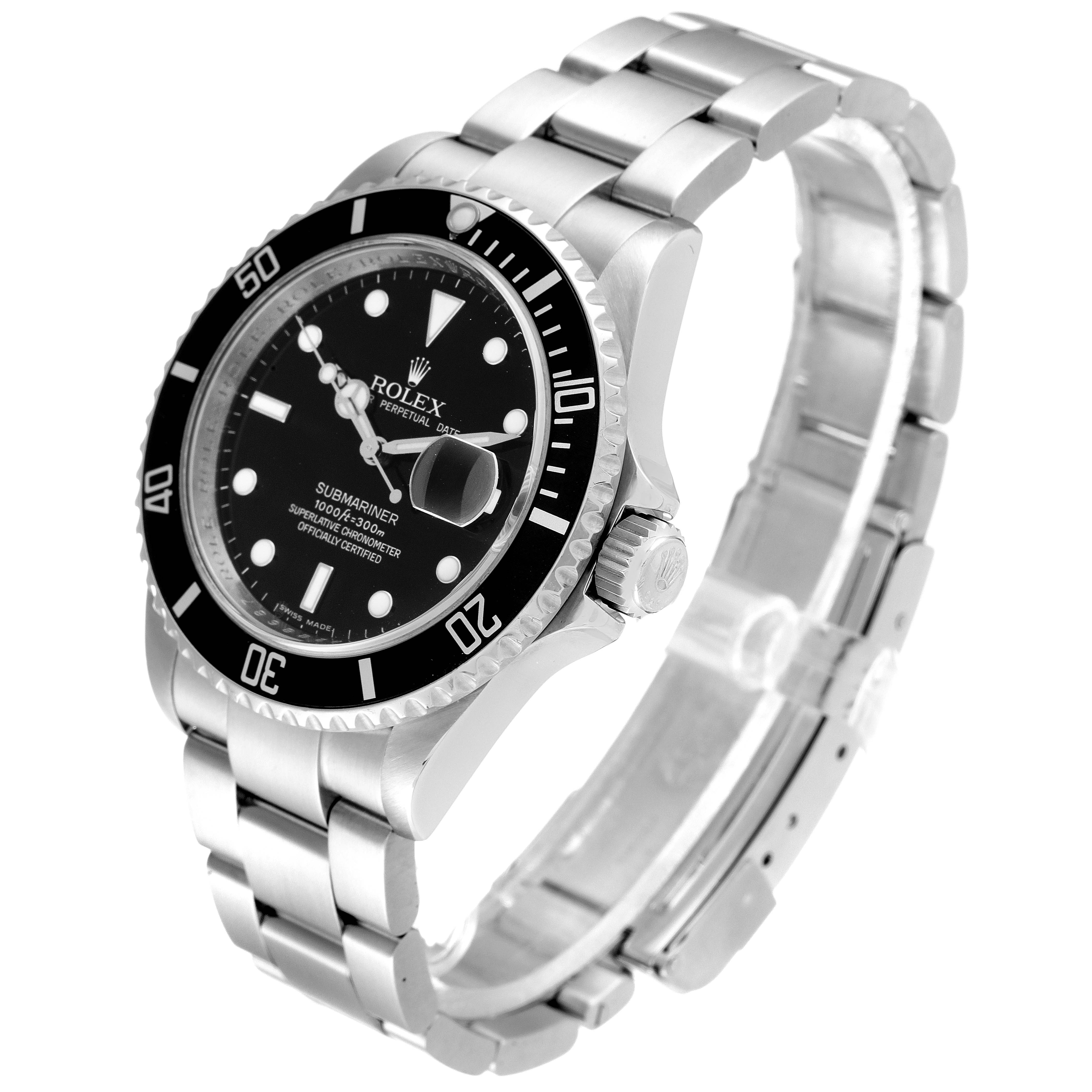 The image shows a Rolex Submariner 16610 Men
s Stainless Steel Black Dial 16610 Men
s Stainless Steel Black Dial watch at an angle that highlights the face, bezel, crown, and part of the bracelet.
