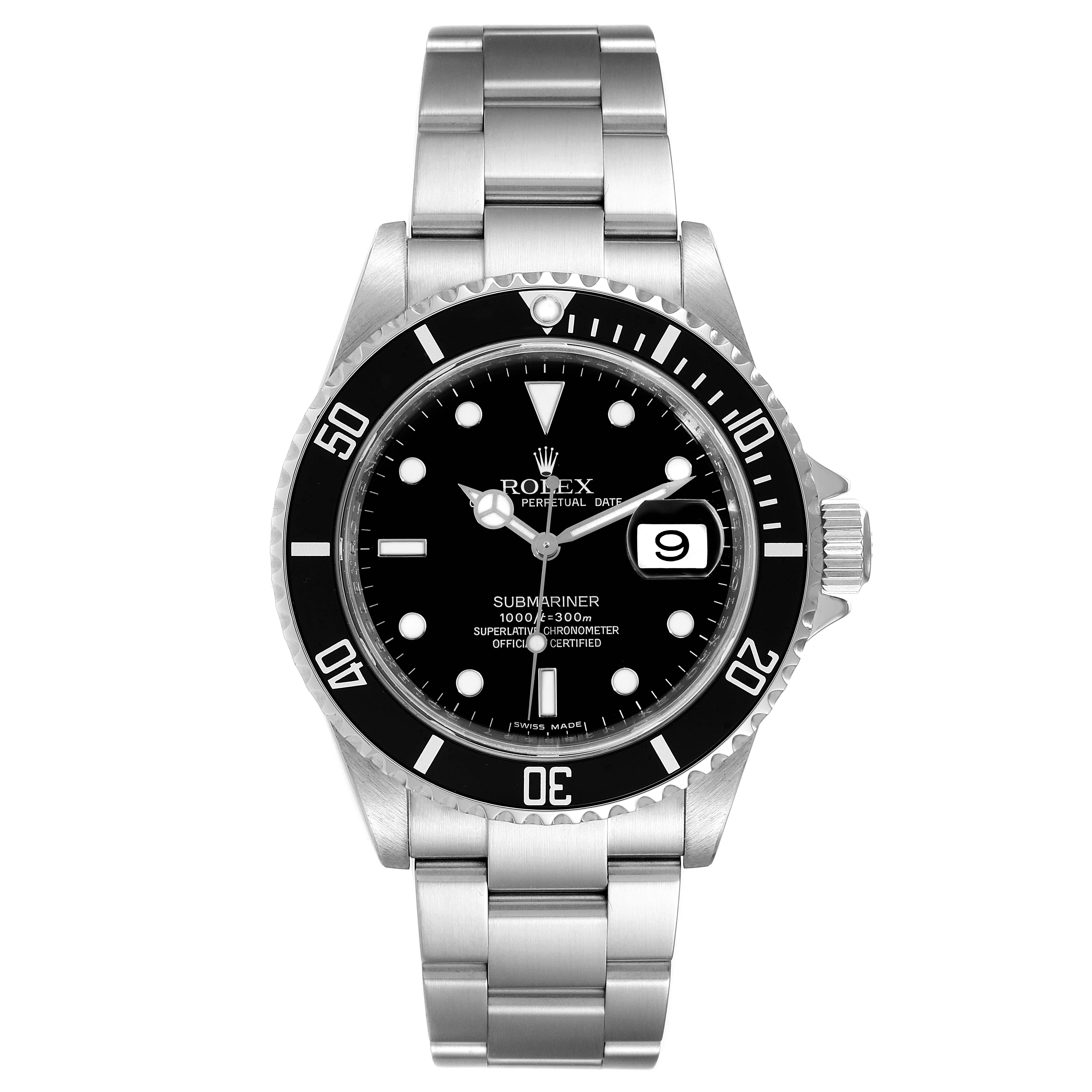 The image shows a front view of a Rolex Submariner 16610 Men
s Stainless Steel Black Dial 16610 Men
s Stainless Steel Black Dial watch, displaying the dial, bezel, date window, and bracelet.
