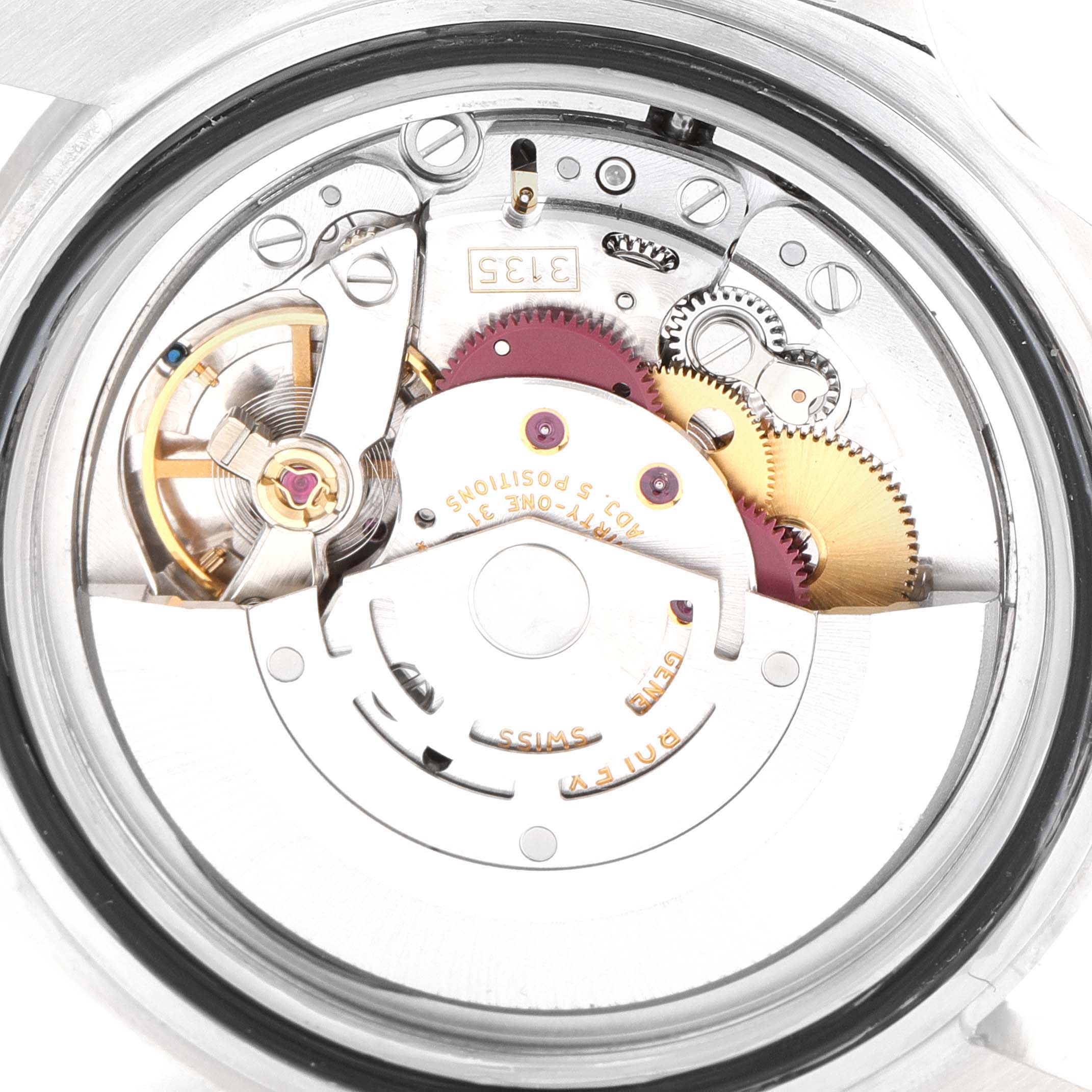 This close-up image shows the intricate internal mechanism of a Rolex Submariner 16610 Men
s Stainless Steel Black Dial 16610 Men
s Stainless Steel Black Dial watch.