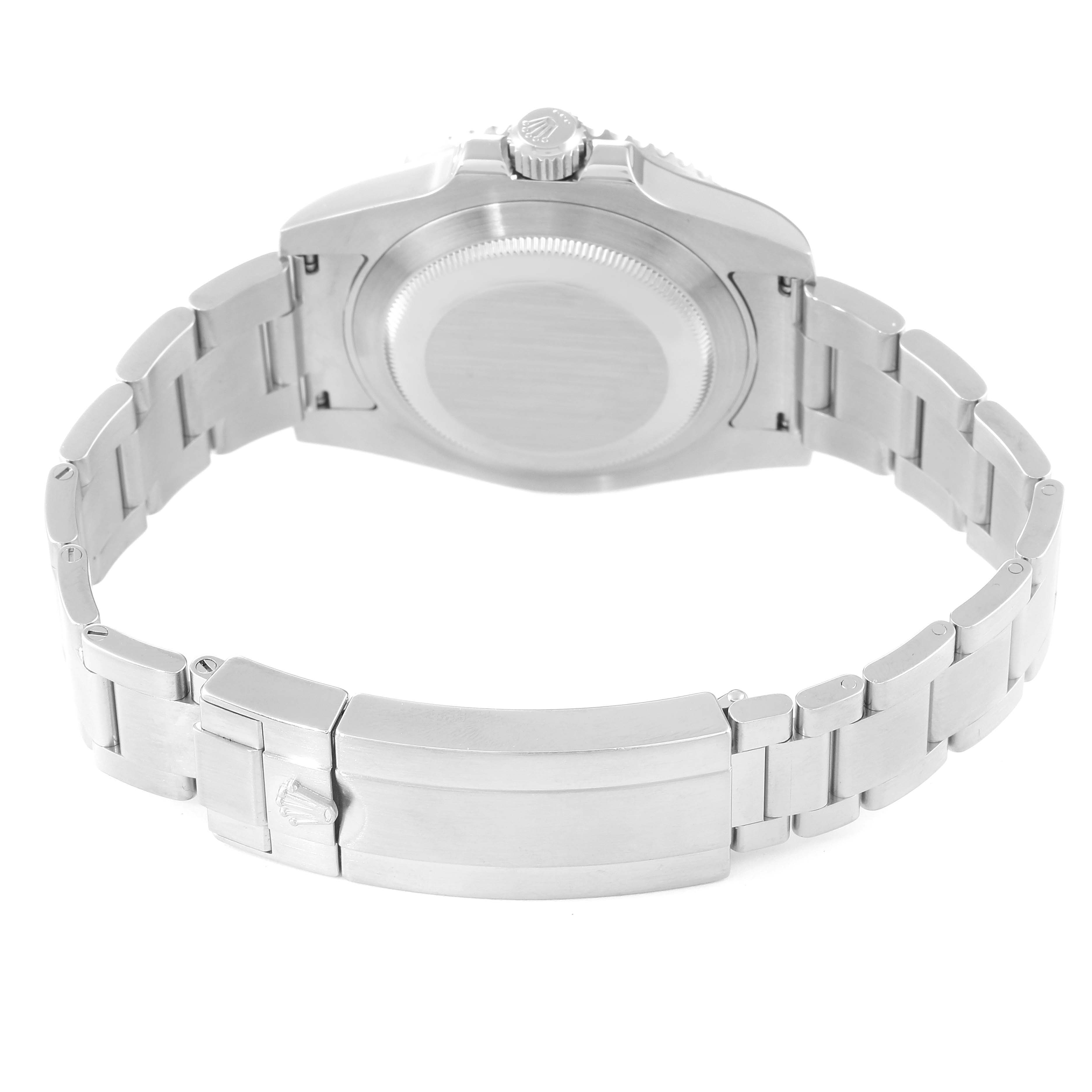This image shows the backside and bracelet clasp of a Rolex Submariner 116610LV Men's Stainless Steel Green Dial 116610LV Men's Stainless Steel Green Dial watch.