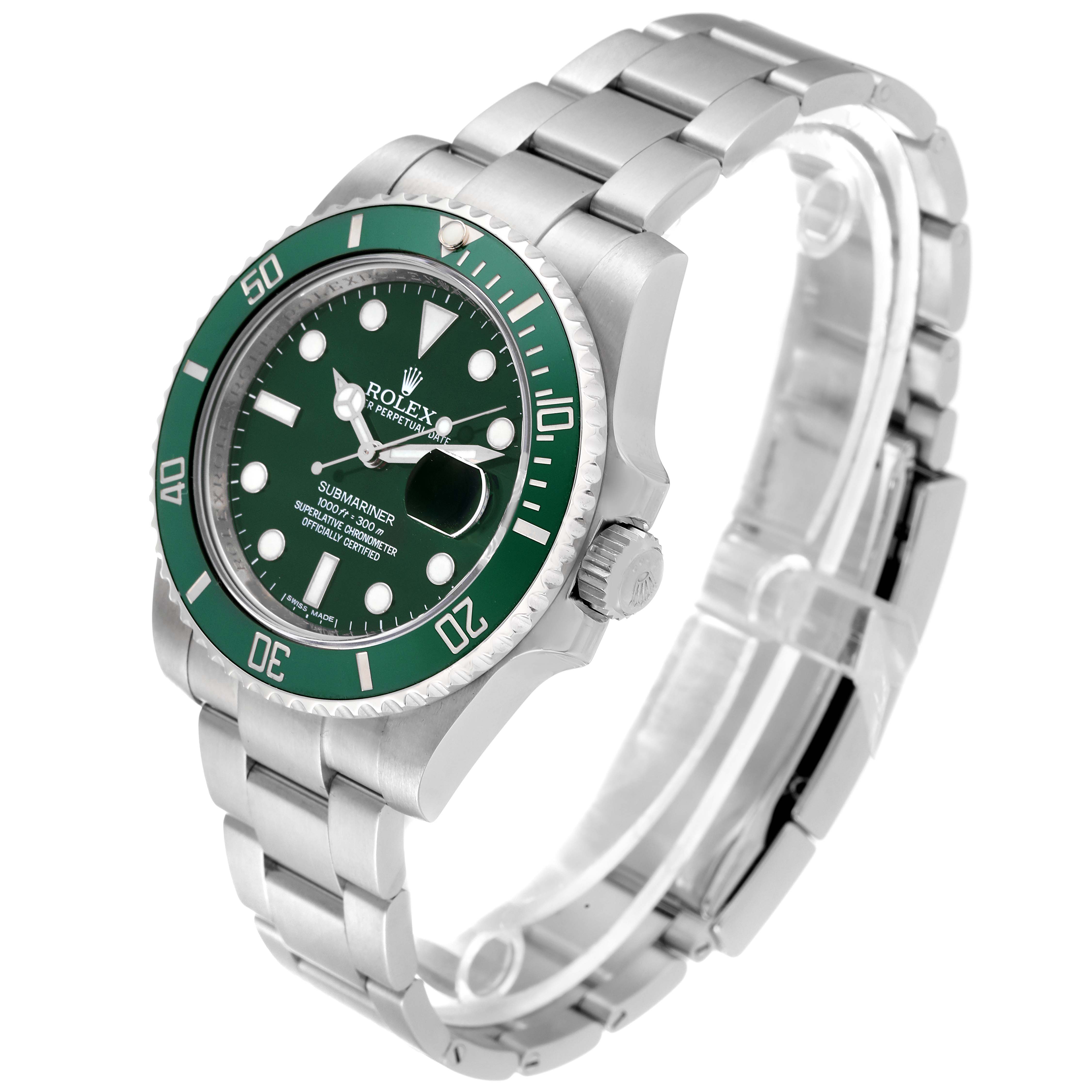 The image shows a side angle of a Rolex Submariner 116610LV Men's Stainless Steel Green Dial 116610LV Men's Stainless Steel Green Dial watch, highlighting its green bezel, dial, crown, and stainless steel bracelet.
