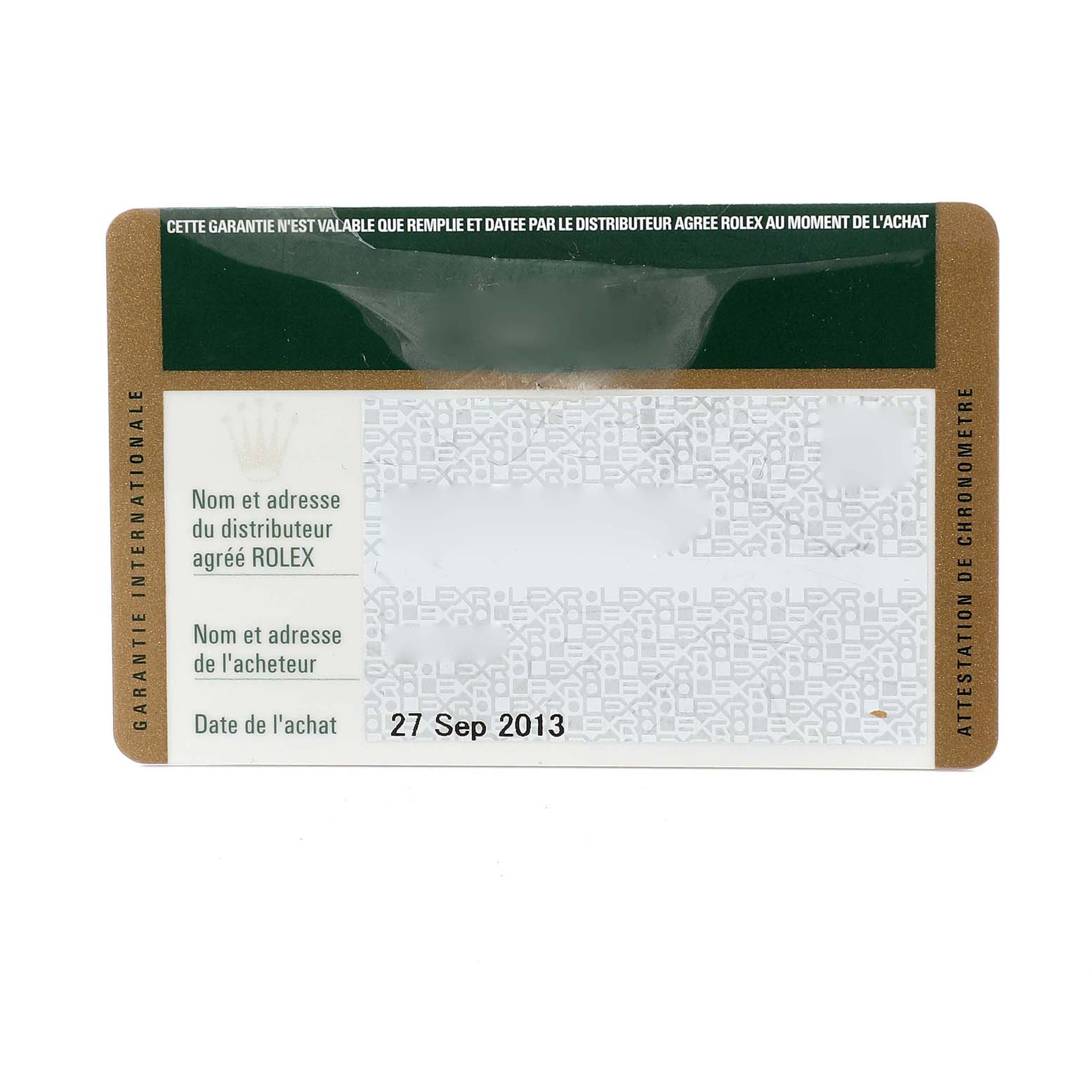 The image shows a Rolex Submariner 116610LV Men's Stainless Steel Green Dial 116610LV Men's Stainless Steel Green Dial's warranty card dated 27 Sep 2013.