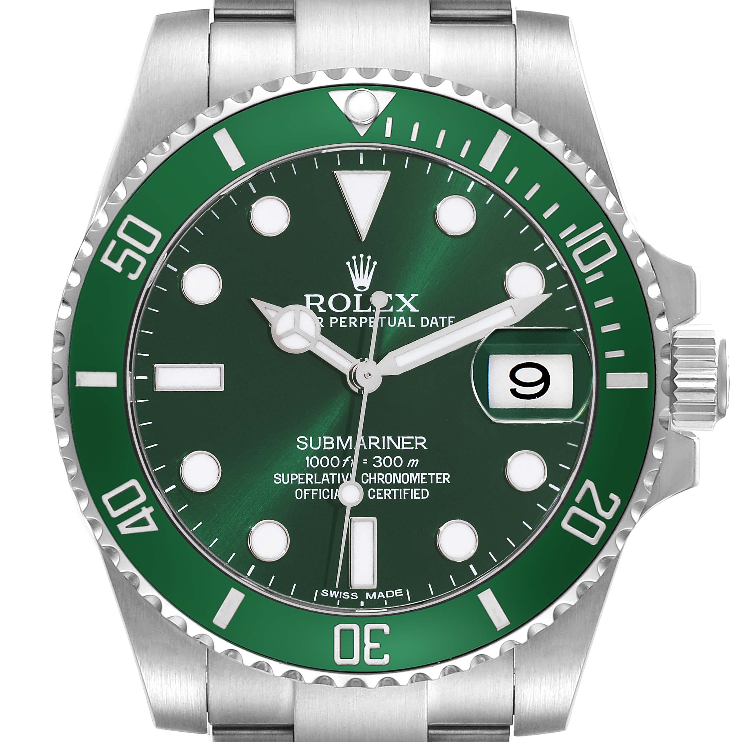 The image shows a front view of a Rolex Submariner 116610LV Men's Stainless Steel Green Dial 116610LV Men's Stainless Steel Green Dial watch featuring a green dial and bezel.