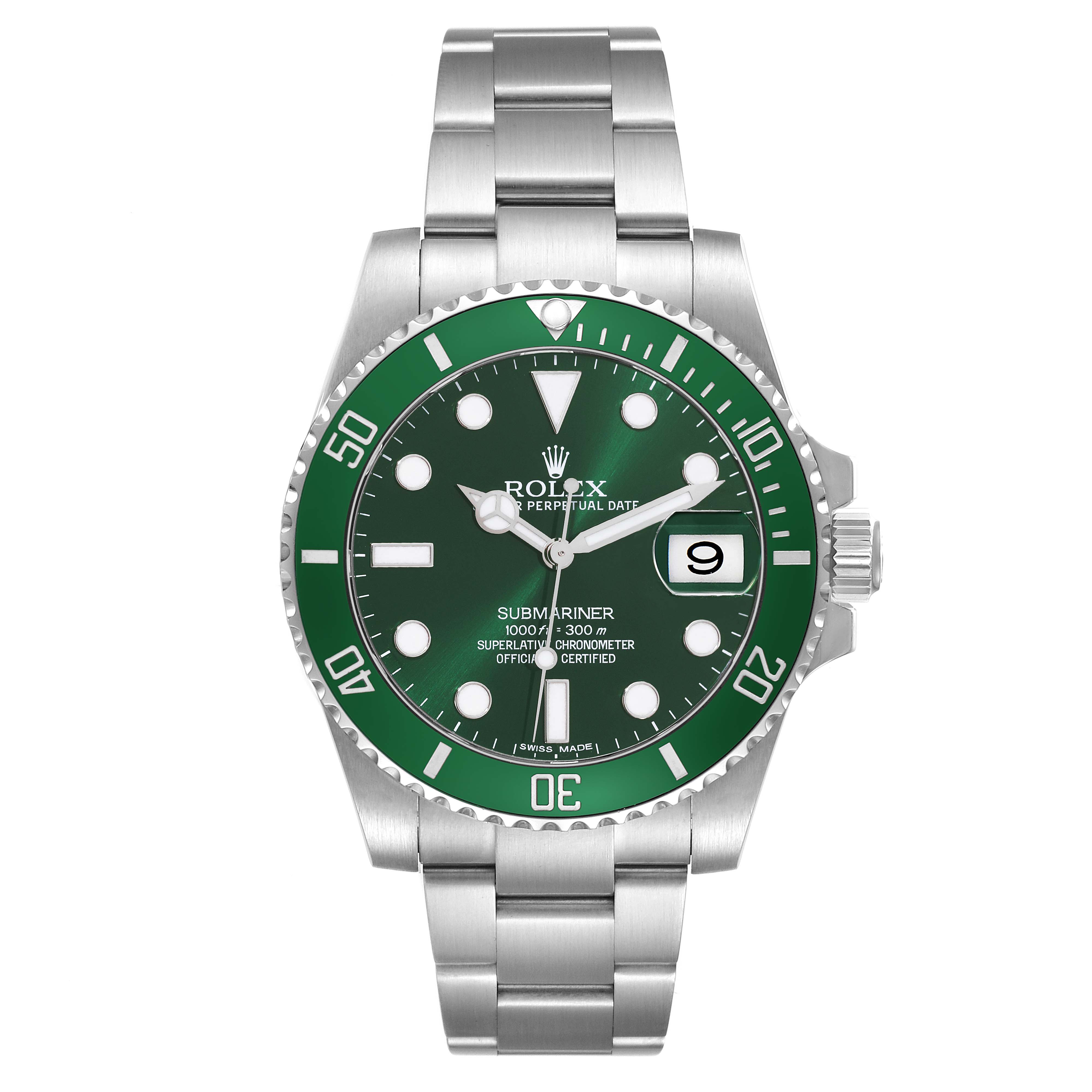 The image shows a front view of a Rolex Submariner 116610LV Men's Stainless Steel Green Dial 116610LV Men's Stainless Steel Green Dial watch, highlighting its green dial, bezel, and steel bracelet.