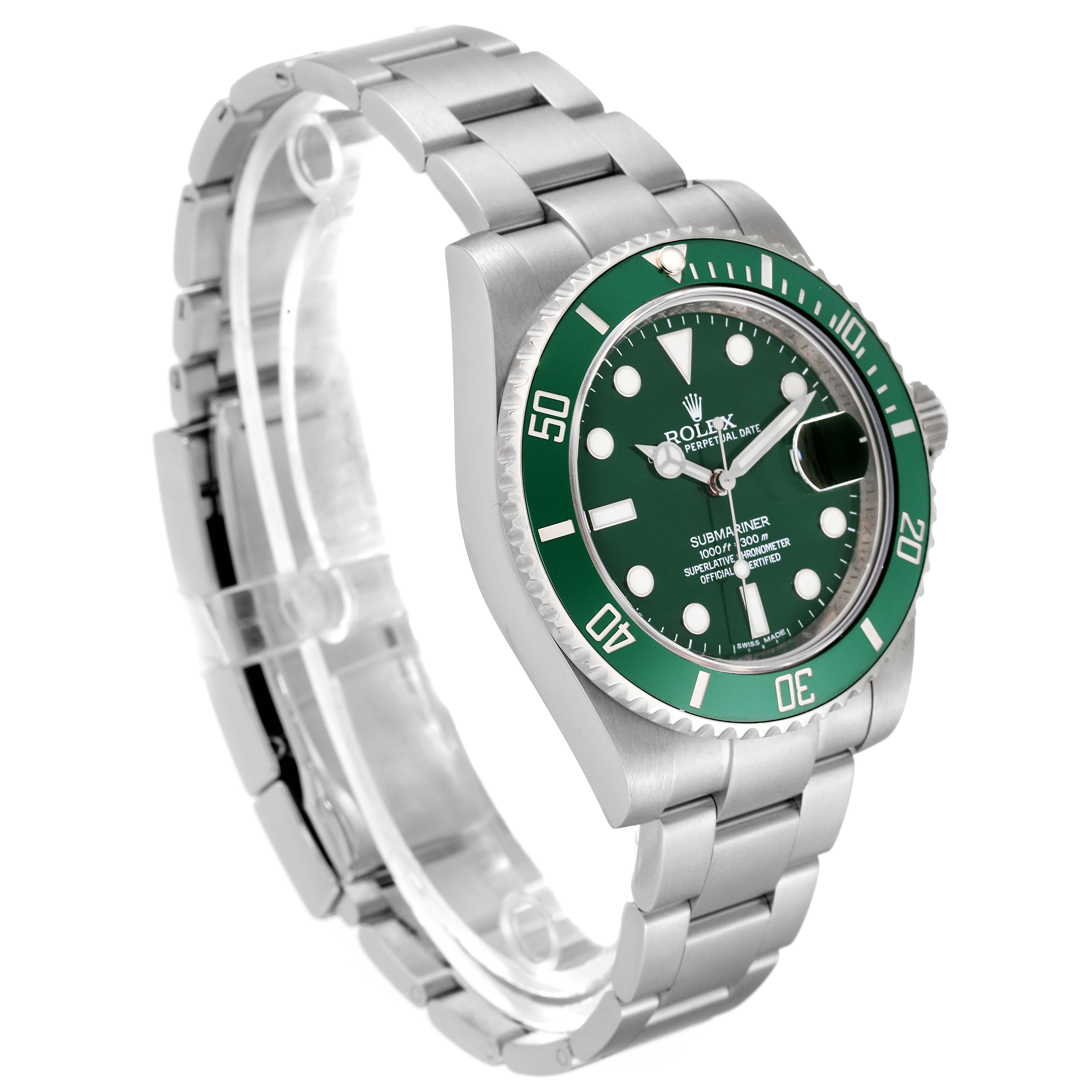 This image shows a Rolex Submariner 116610LV Men's Stainless Steel Green Dial 116610LV Men's Stainless Steel Green Dial watch from a three-quarter angle, displaying the face, bezel, and bracelet.
