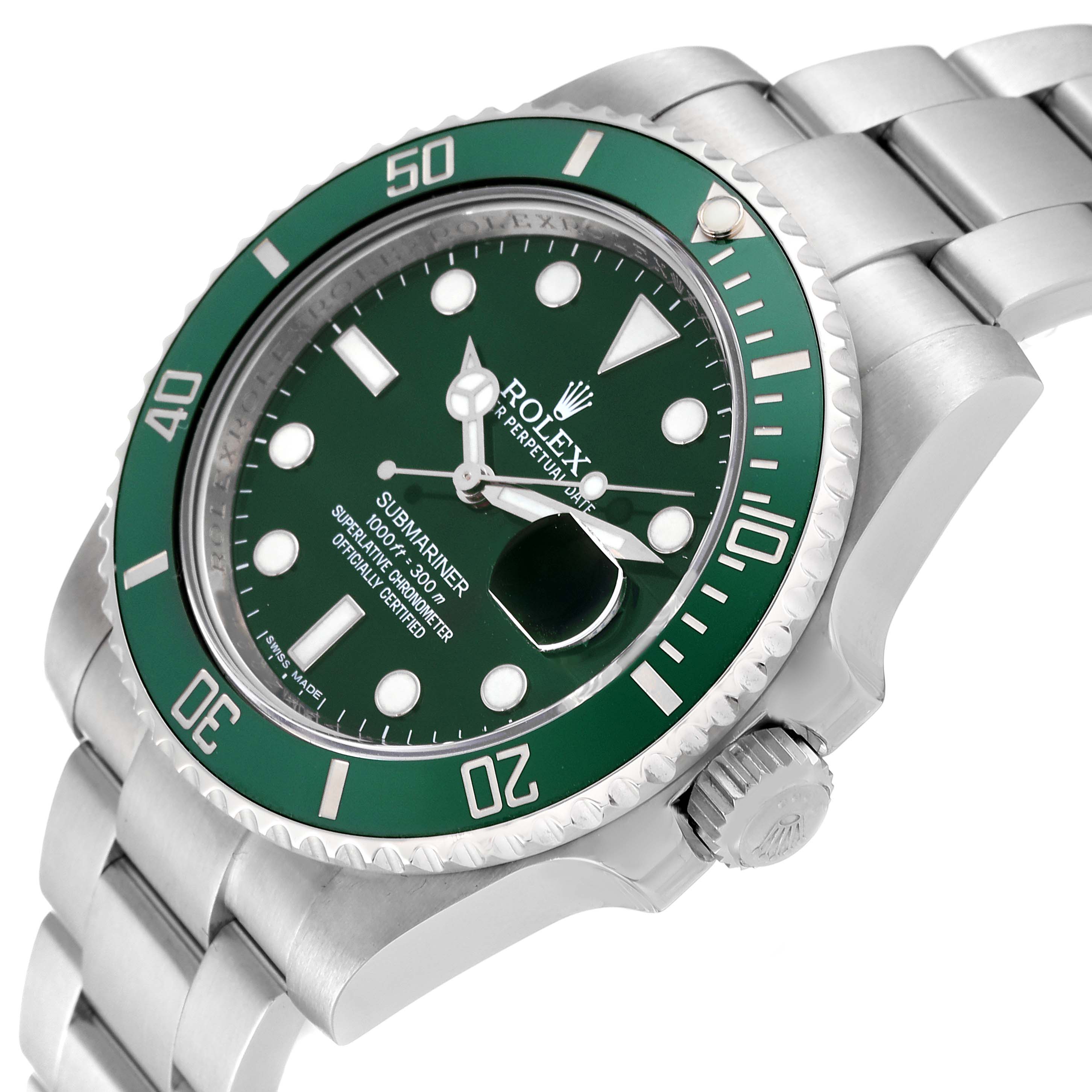 The Rolex Submariner 116610LV Men's Stainless Steel Green Dial 116610LV Men's Stainless Steel Green Dial watch is shown at a slight angle, displaying the green bezel, dial, and part of the bracelet.