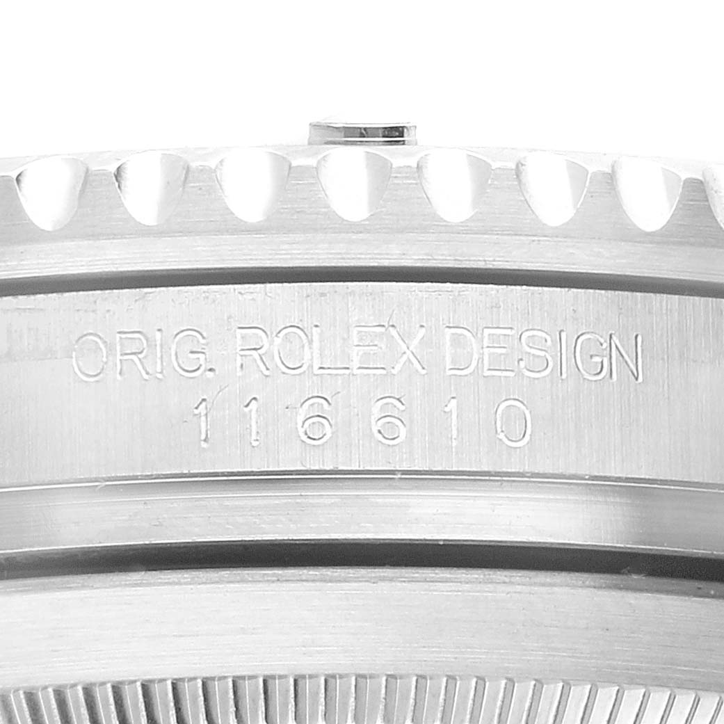 The image shows a close-up angle of the side of a Rolex Submariner 116610LV Men's Stainless Steel Green Dial 116610LV Men's Stainless Steel Green Dial watch case with its model number 116610 engraved.