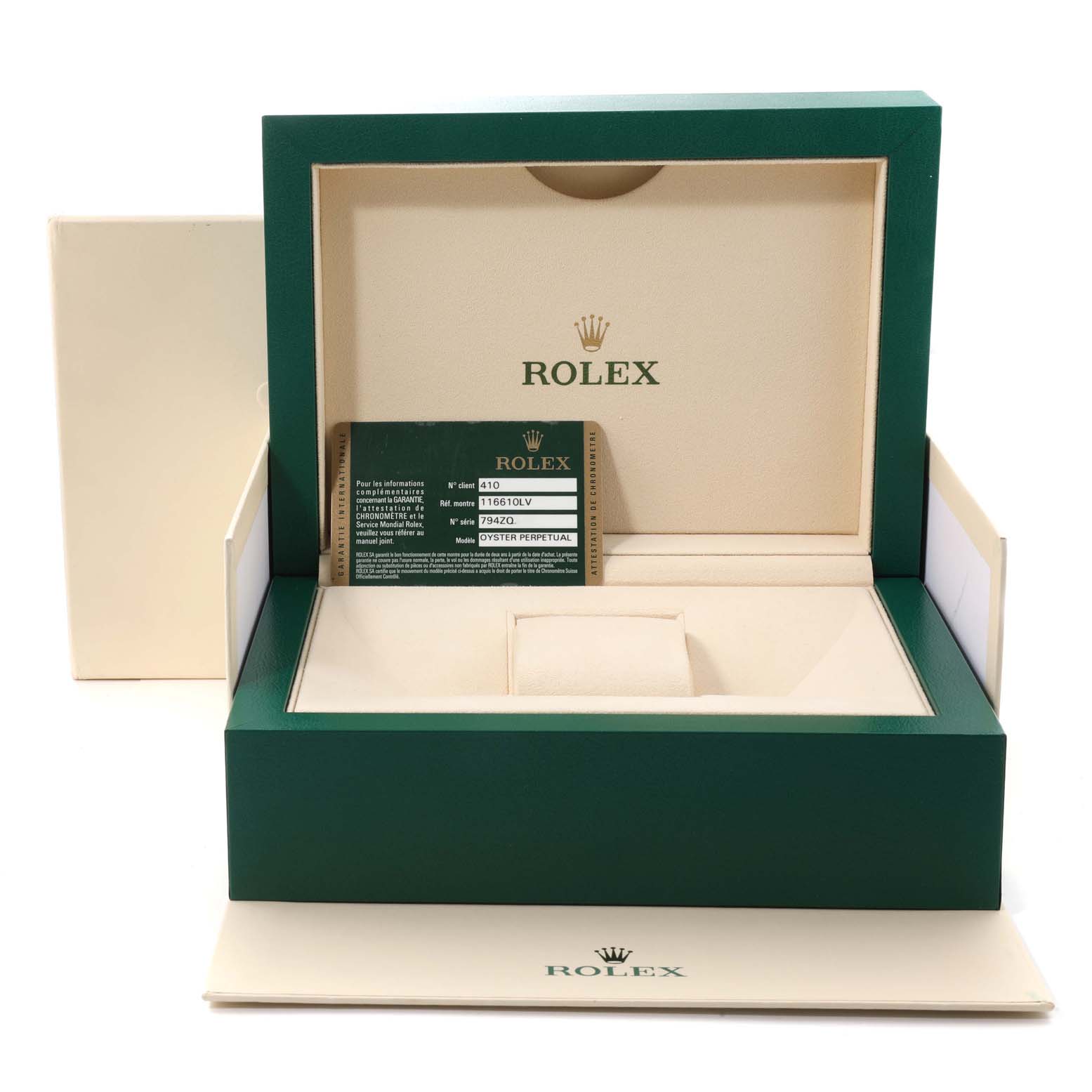 The image shows an open green and beige Rolex Submariner 116610LV Men's Stainless Steel Green Dial 116610LV Men's Stainless Steel Green Dial watch box with an authentication card inside.