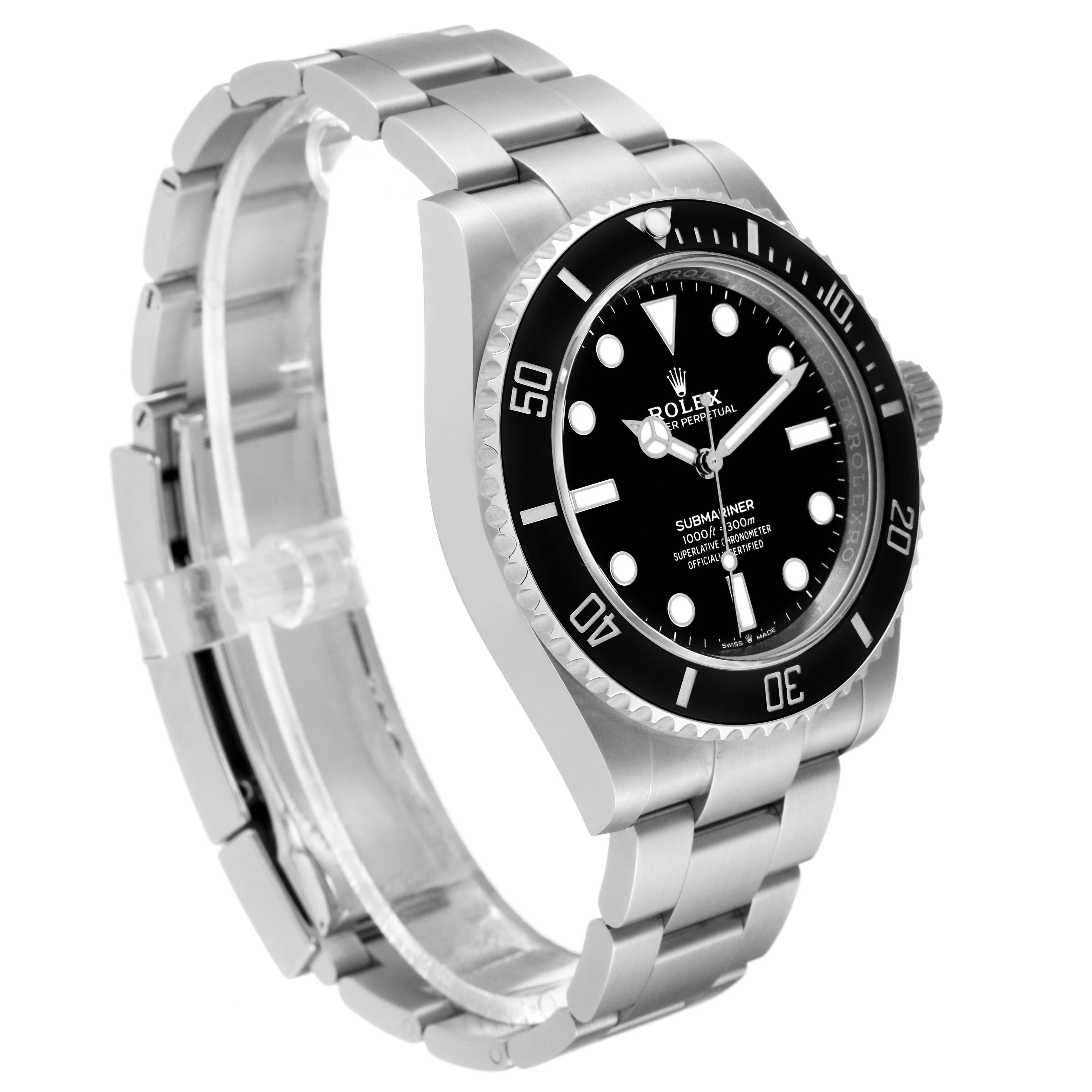 The image shows a side view of the Rolex Submariner 124060 Men
s Stainless Steel Black Dial 124060 Men
s Stainless Steel Black Dial watch, highlighting the case, bracelet, bezel, and dial.