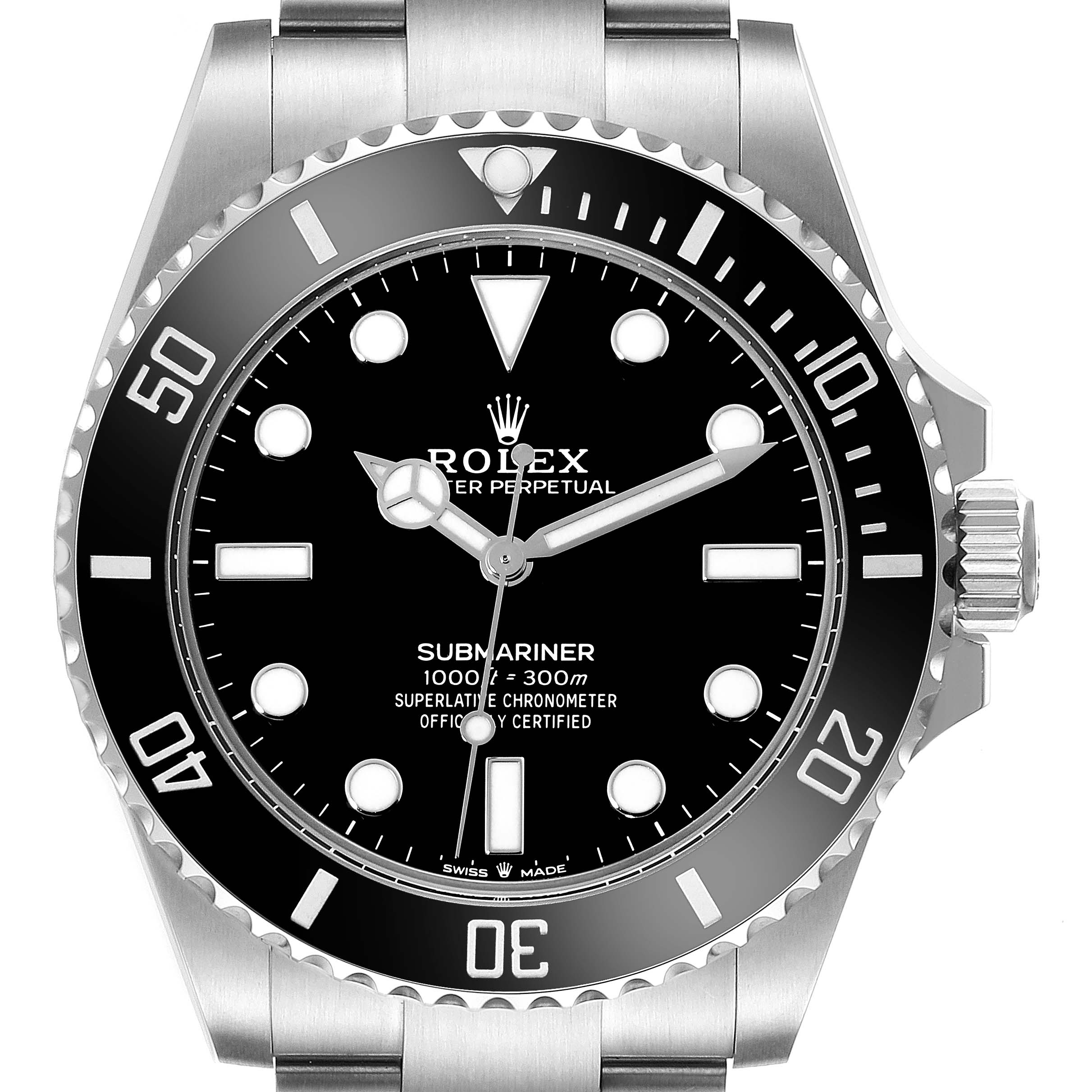 This is a frontal view of a Rolex Submariner 124060 Men
s Stainless Steel Black Dial 124060 Men
s Stainless Steel Black Dial watch, showing the dial, bezel, and part of the bracelet.