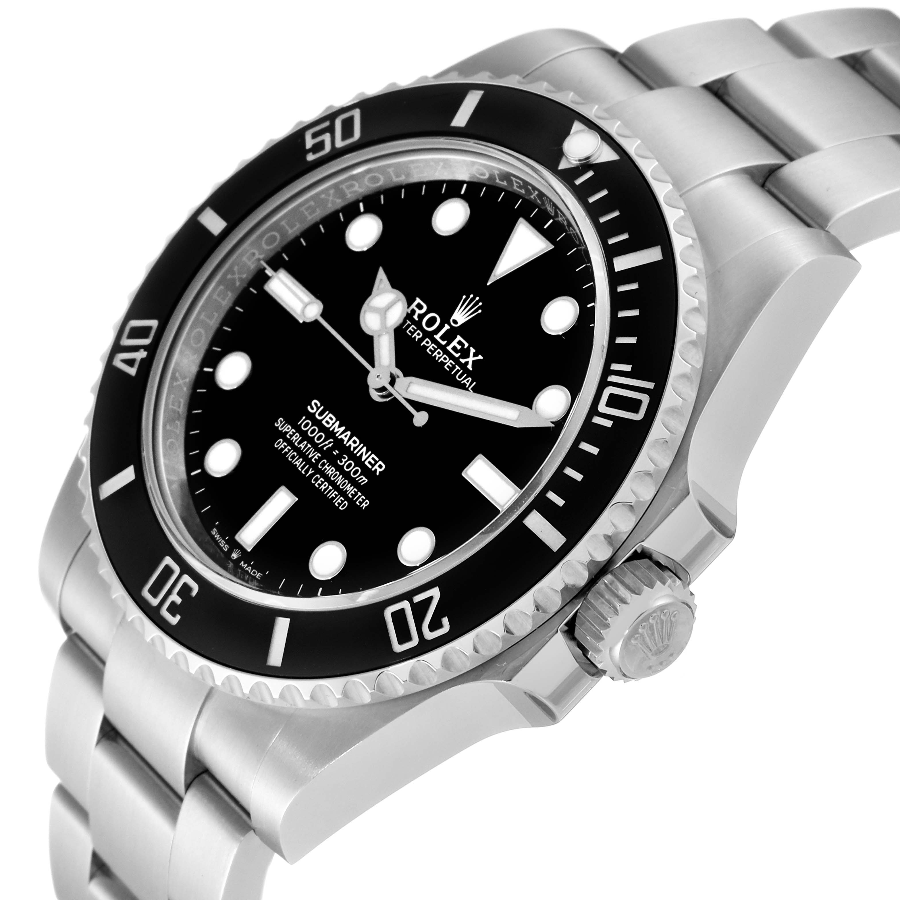 This image shows a Rolex Submariner 124060 Men
s Stainless Steel Black Dial 124060 Men
s Stainless Steel Black Dial watch from an oblique angle, highlighting the bezel, dial, crown, and part of the bracelet.