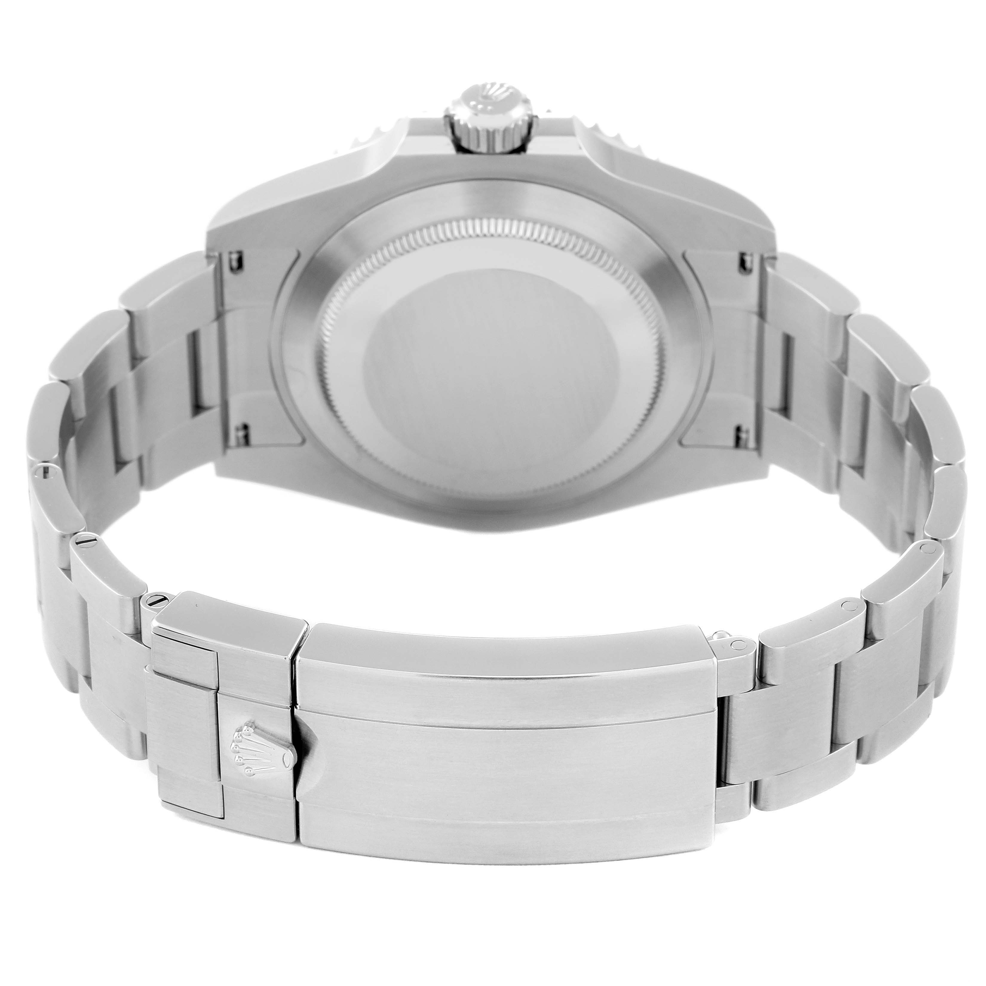 This image shows the back view of a Rolex Submariner 124060 Men
s Stainless Steel Black Dial 124060 Men
s Stainless Steel Black Dial, highlighting its stainless steel case back and bracelet with clasp.