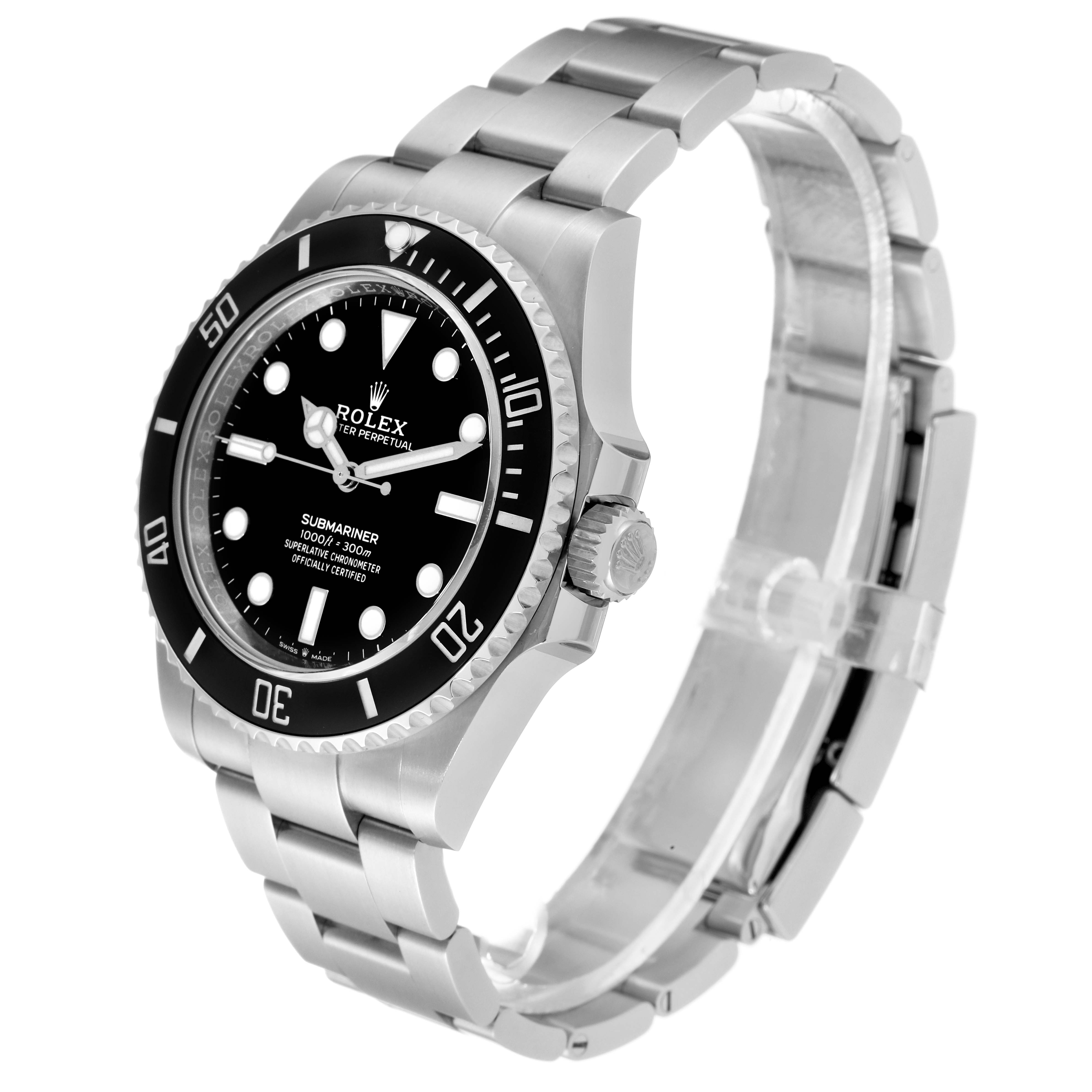 The image shows a Rolex Submariner 124060 Men
s Stainless Steel Black Dial 124060 Men
s Stainless Steel Black Dial watch at an angled side view, featuring the bezel, dial, and stainless steel bracelet.