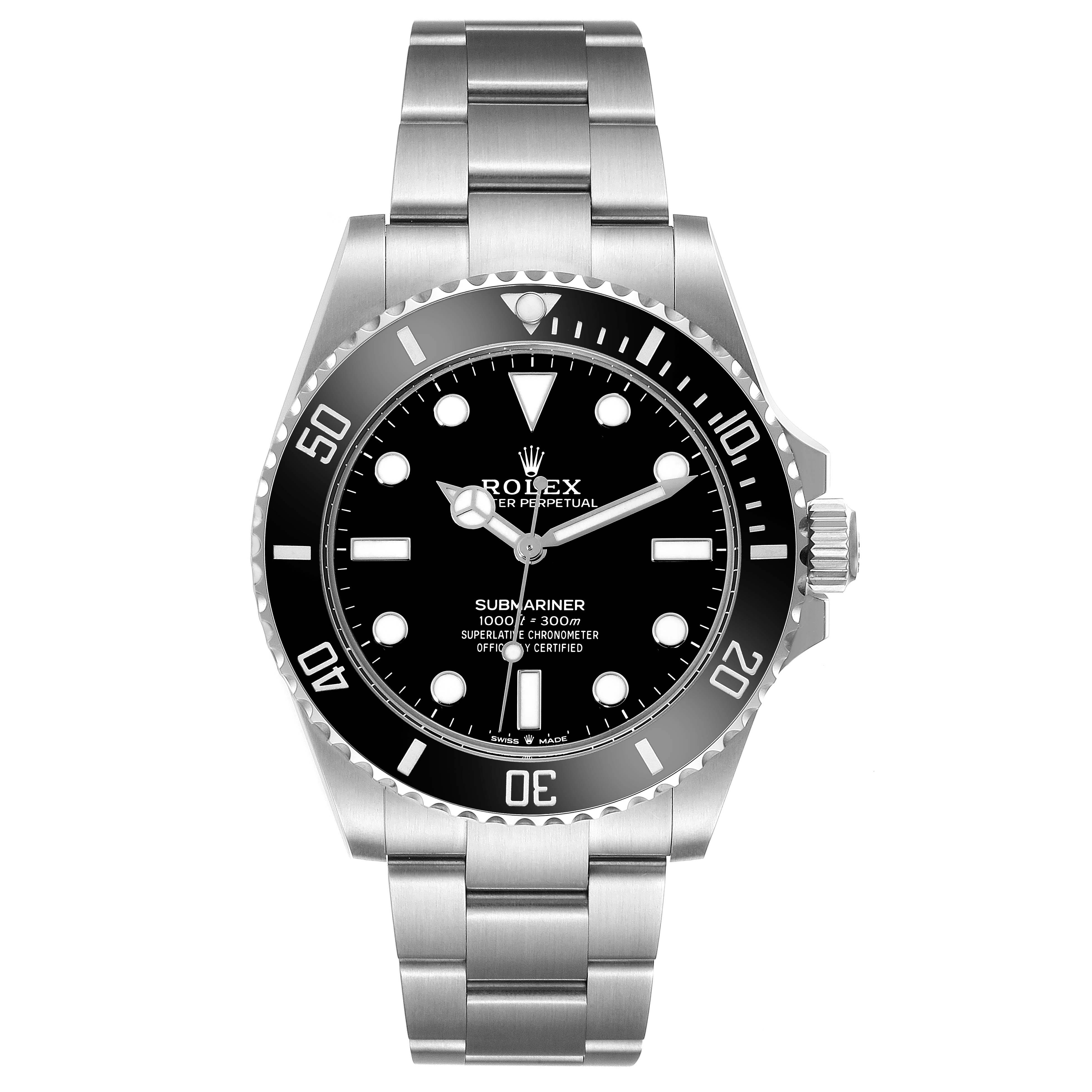 This image shows a front view of the Rolex Submariner 124060 Men
s Stainless Steel Black Dial 124060 Men
s Stainless Steel Black Dial, featuring its black dial, luminescent markers, and stainless steel bracelet.