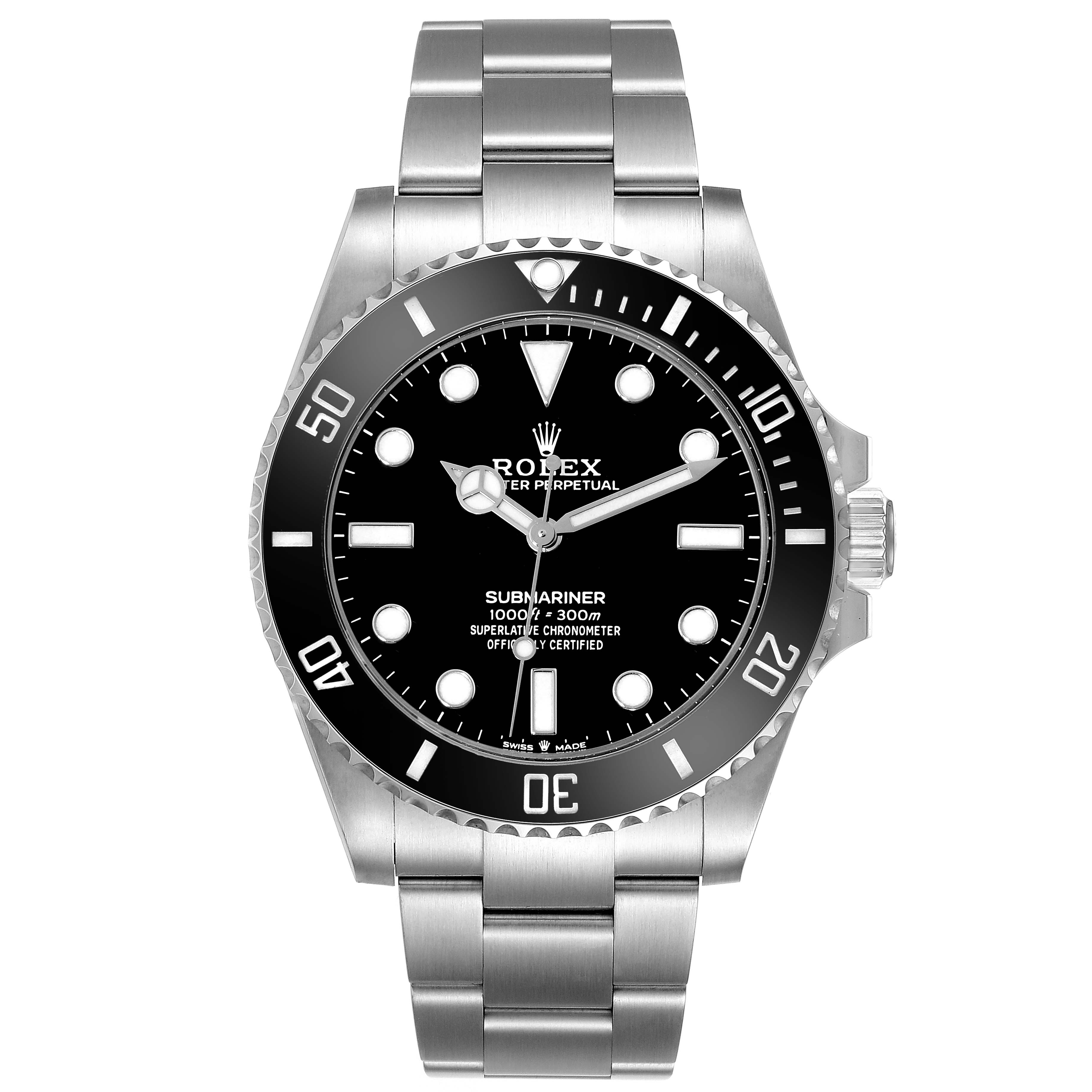 This image shows a front view of the Rolex Submariner 124060 Men
s Stainless Steel Black Dial 124060 Men
s Stainless Steel Black Dial watch, highlighting its face, bezel, and bracelet.