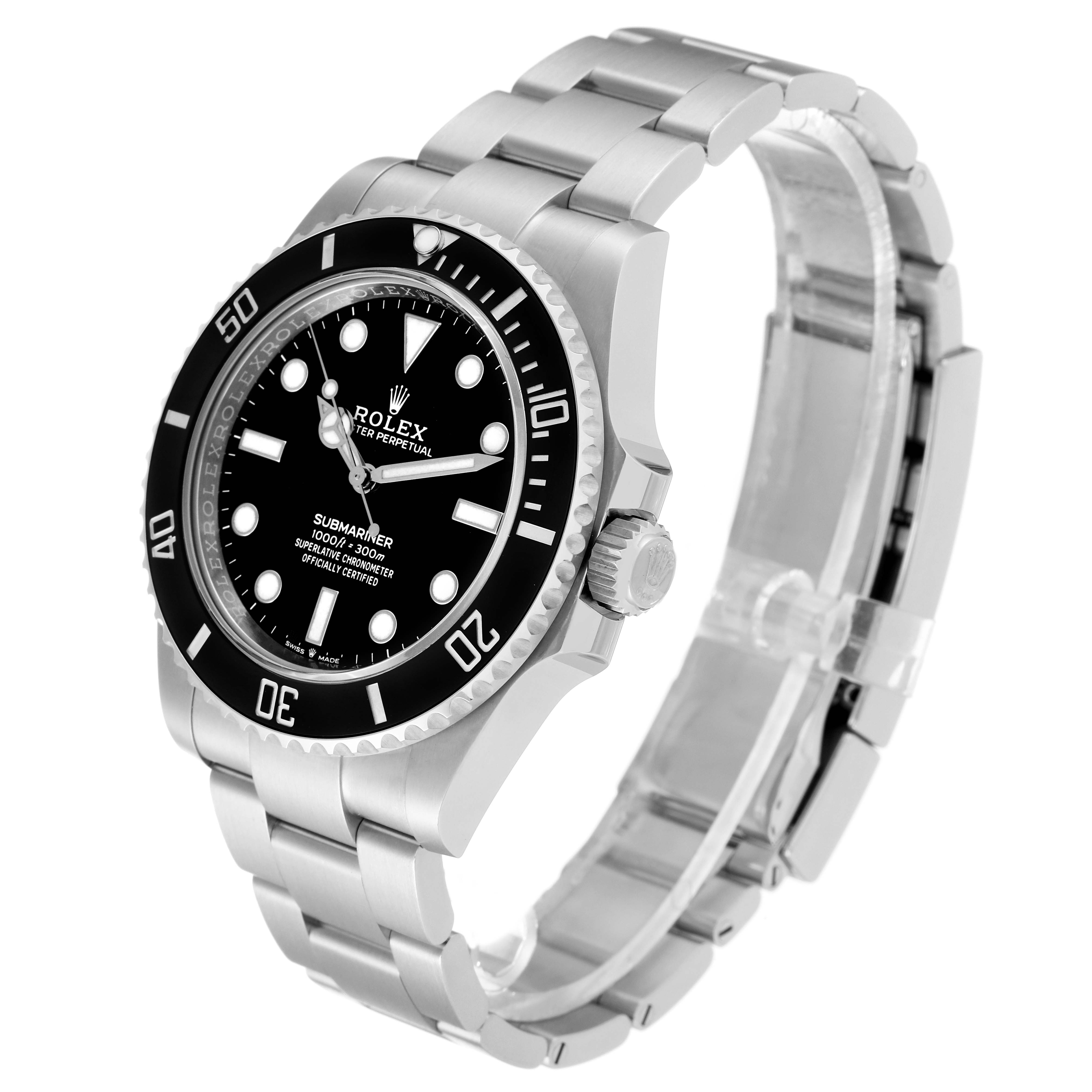 The image shows a Rolex Submariner 124060 Men
s Stainless Steel Black Dial 124060 Men
s Stainless Steel Black Dial watch from an angled side view, highlighting the face, bezel, crown, and bracelet.