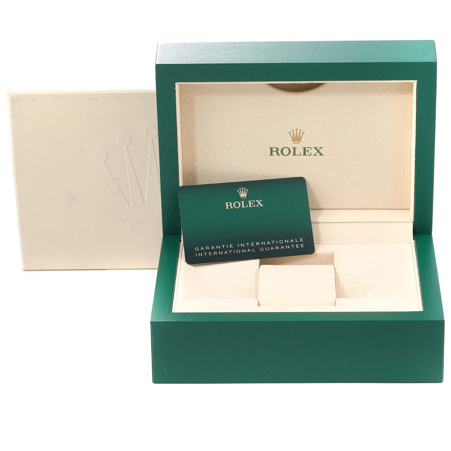 The image shows an open green box and international guarantee card for a Rolex Submariner 124060 Men
s Stainless Steel Black Dial 124060 Men
s Stainless Steel Black Dial watch.