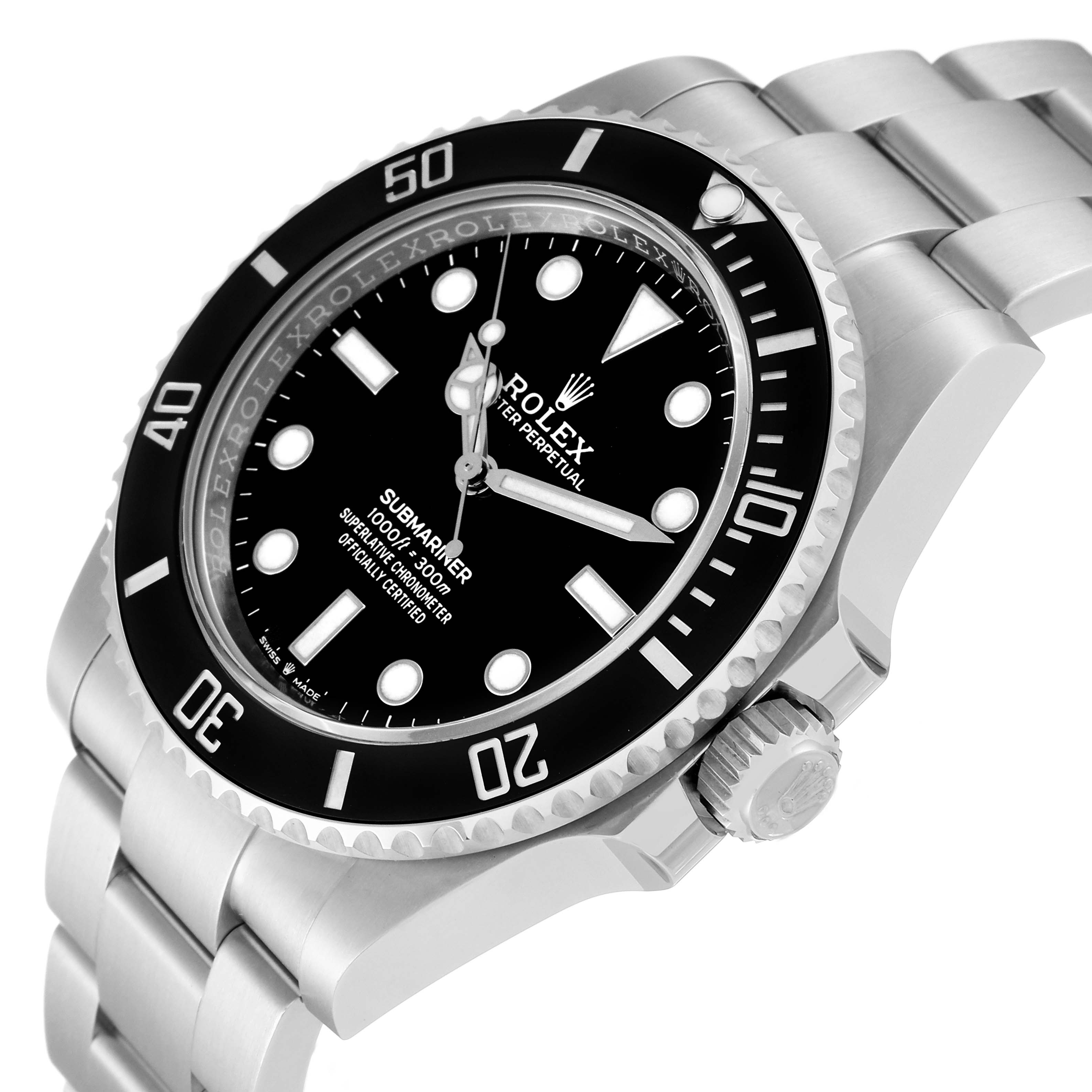 The image shows a Rolex Submariner 124060 Men
s Stainless Steel Black Dial 124060 Men
s Stainless Steel Black Dial watch at a three-quarter angle, highlighting the bezel, dial, crown, and bracelet.
