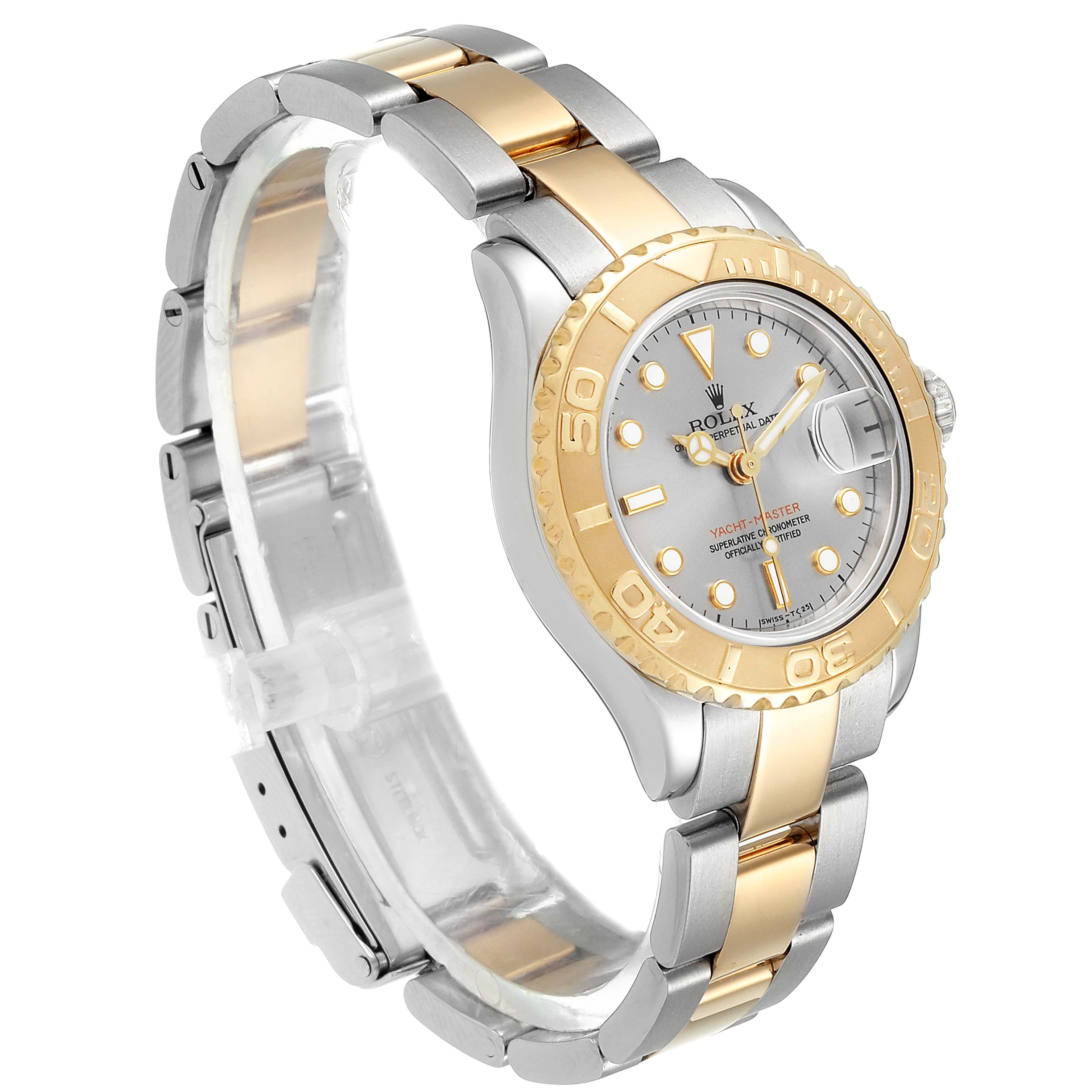 The Rolex Yacht-Master 169623 Women's Steel and Gold (two tone) Grey Dial 169623 Women's Steel and Gold (two tone) Grey Dial watch is shown at a three-quarter angle, displaying its two-tone bracelet, dial, and bezel.
