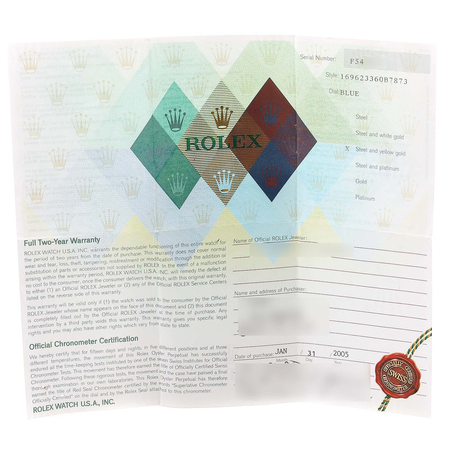 This image shows the warranty and certification paperwork for a Rolex Yacht-Master 169623 Women's Steel and Gold (two tone) Grey Dial 169623 Women's Steel and Gold (two tone) Grey Dial watch.