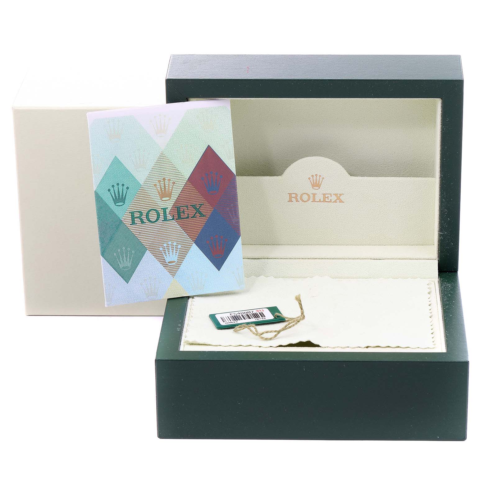 This image shows a Rolex Yacht-Master 169623 Women's Steel and Gold (two tone) Grey Dial 169623 Women's Steel and Gold (two tone) Grey Dial watch box, pamphlet, tag, and cleaning cloth from a front angle.