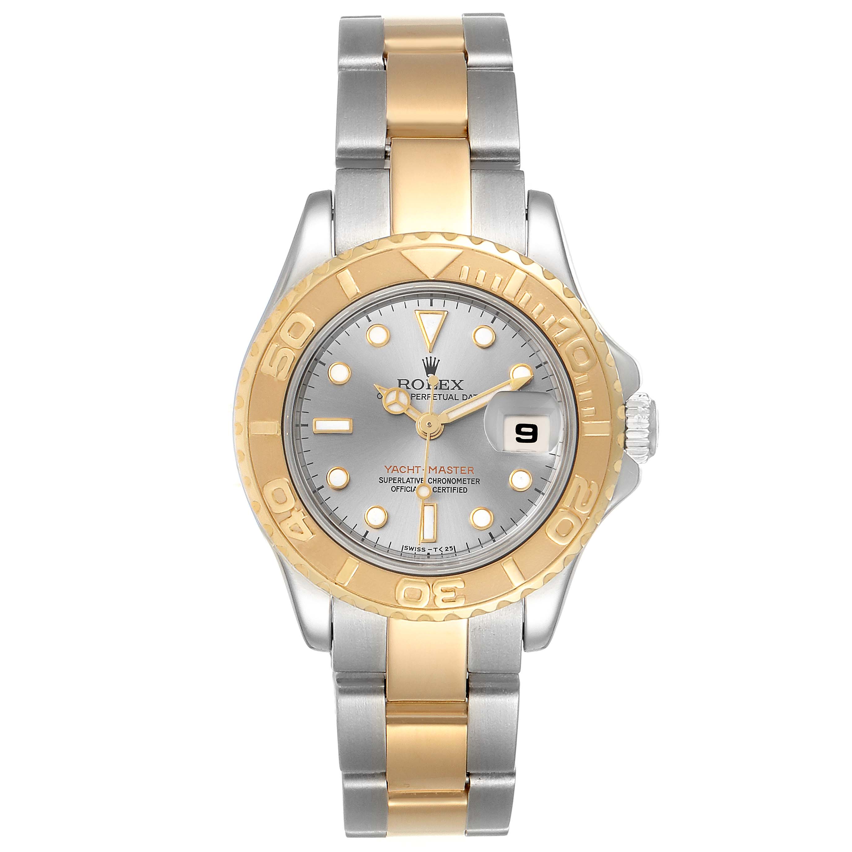 This image shows a front view of a Rolex Yacht-Master 169623 Women's Steel and Gold (two tone) Grey Dial 169623 Women's Steel and Gold (two tone) Grey Dial watch, featuring its bracelet, bezel, dial, and crown.