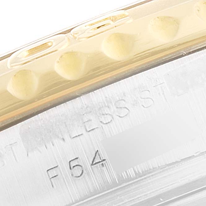 Close-up of the side of the Rolex Yacht-Master 169623 Women's Steel and Gold (two tone) Grey Dial 169623 Women's Steel and Gold (two tone) Grey Dial watch, showing the edge of the bezel and engraved serial numbers.