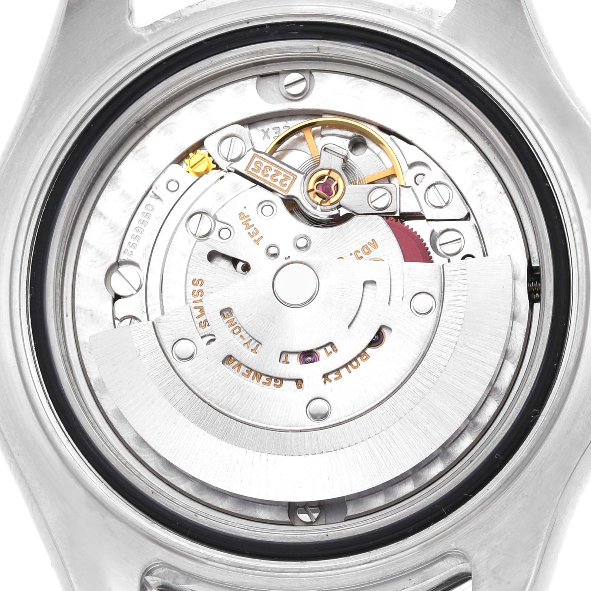 The image shows the movement and internal mechanism of a Rolex Yacht-Master 168622 Men's Stainless Steel Silver Dial watch viewed from the back.