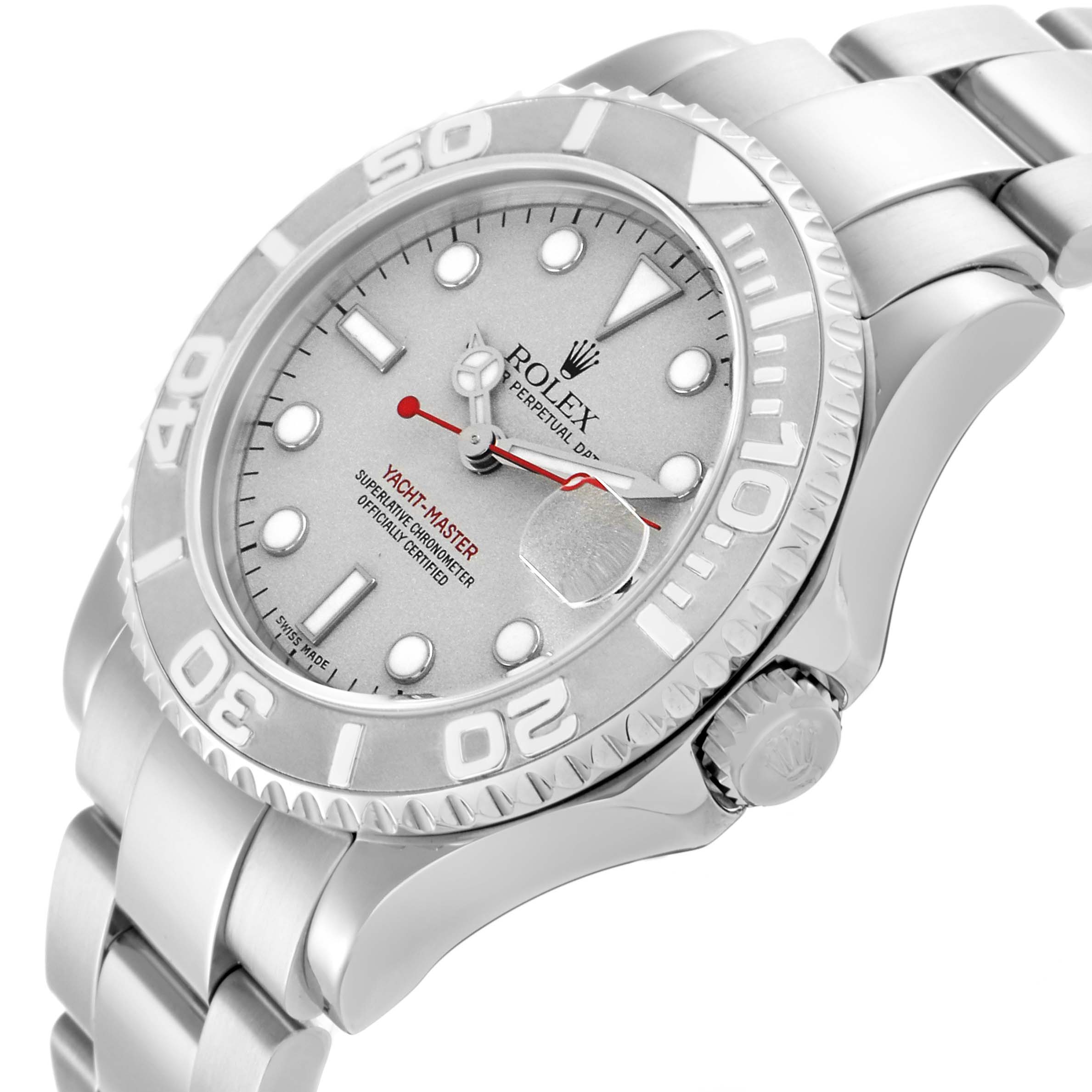 The Rolex Yacht-Master 168622 Men's Stainless Steel Silver Dial watch is shown from an oblique angle, highlighting its bezel, dial, crown, and bracelet.