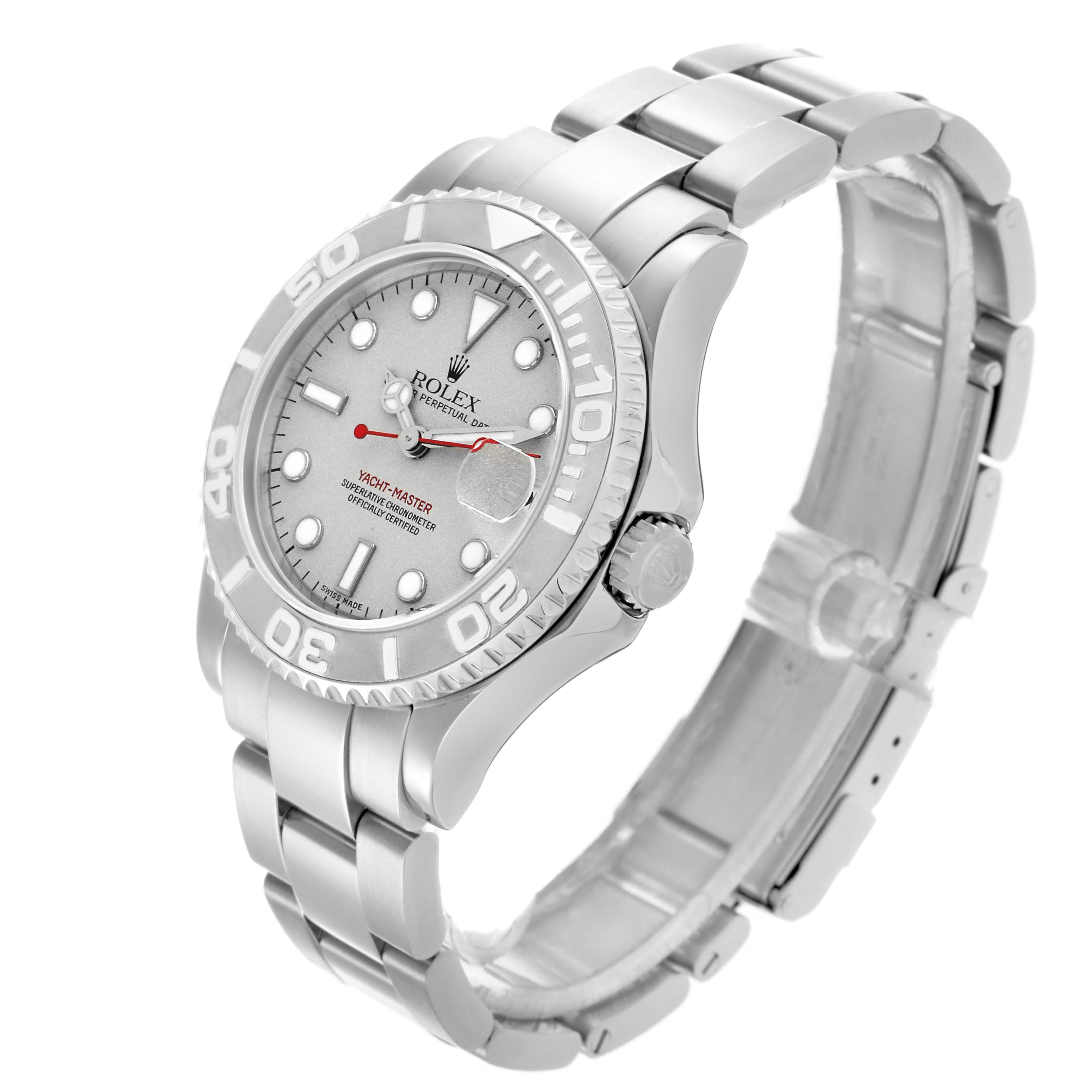 The Rolex Yacht-Master 168622 Men's Stainless Steel Silver Dial is shown at a three-quarter angle highlighting the dial, bezel, crown, and bracelet.