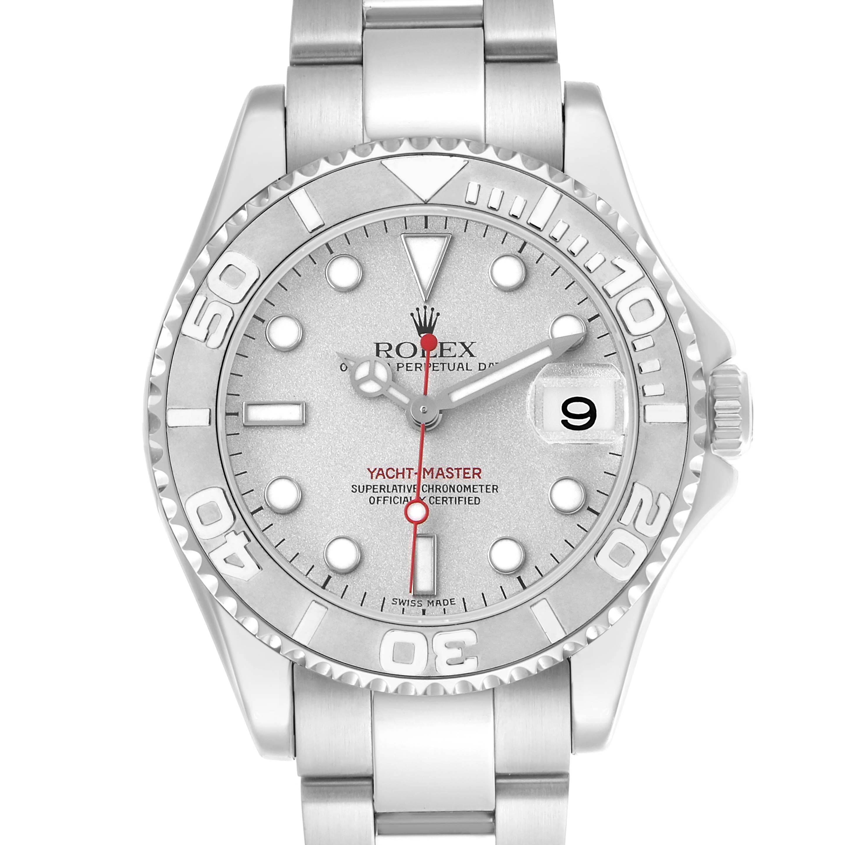 The image shows a front view of the Rolex Yacht-Master 168622 Men's Stainless Steel Silver Dial watch, highlighting the dial, bezel, hands, and bracelet.