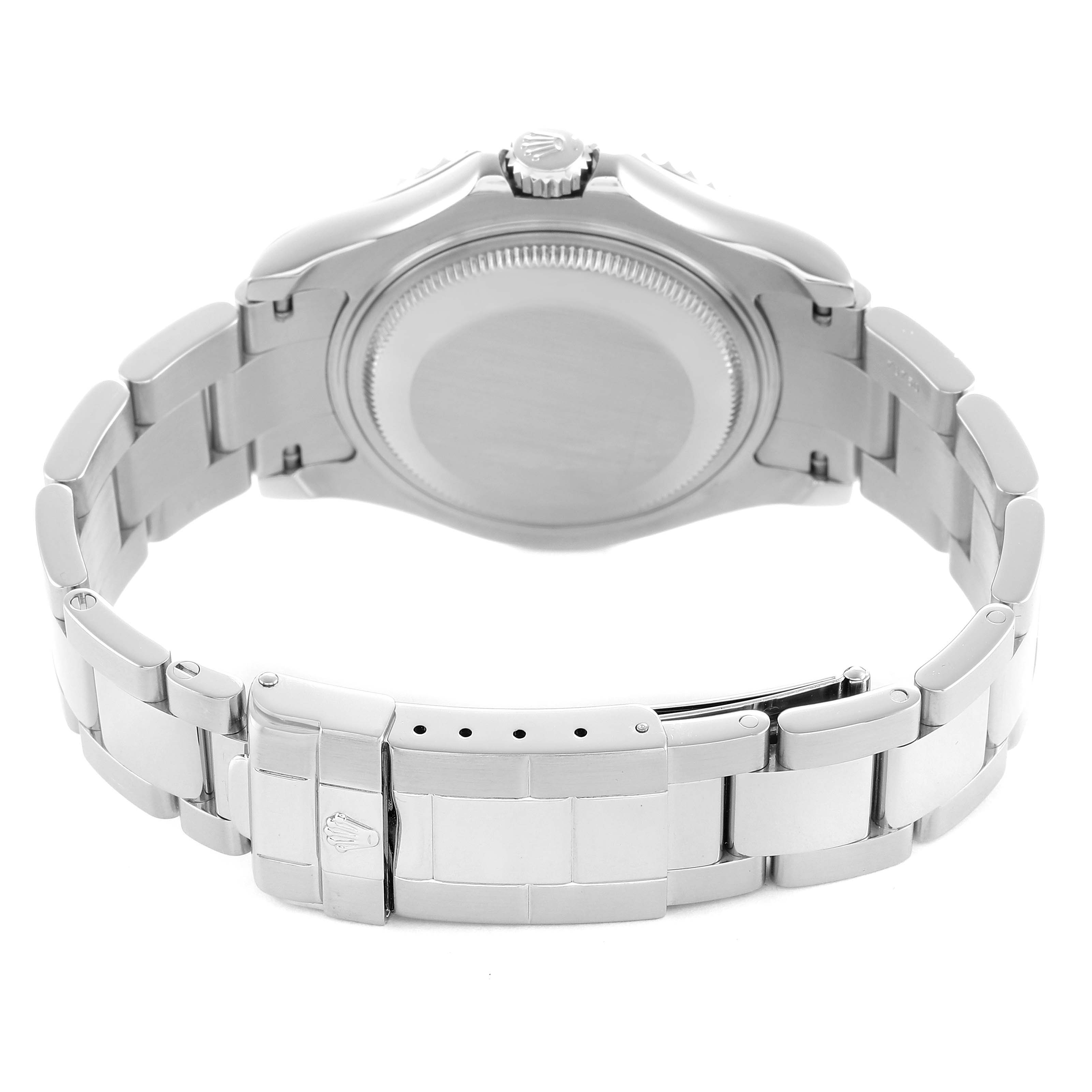 The image shows the back case and bracelet clasp of a Rolex Yacht-Master 168622 Men's Stainless Steel Silver Dial watch from a rear angle.