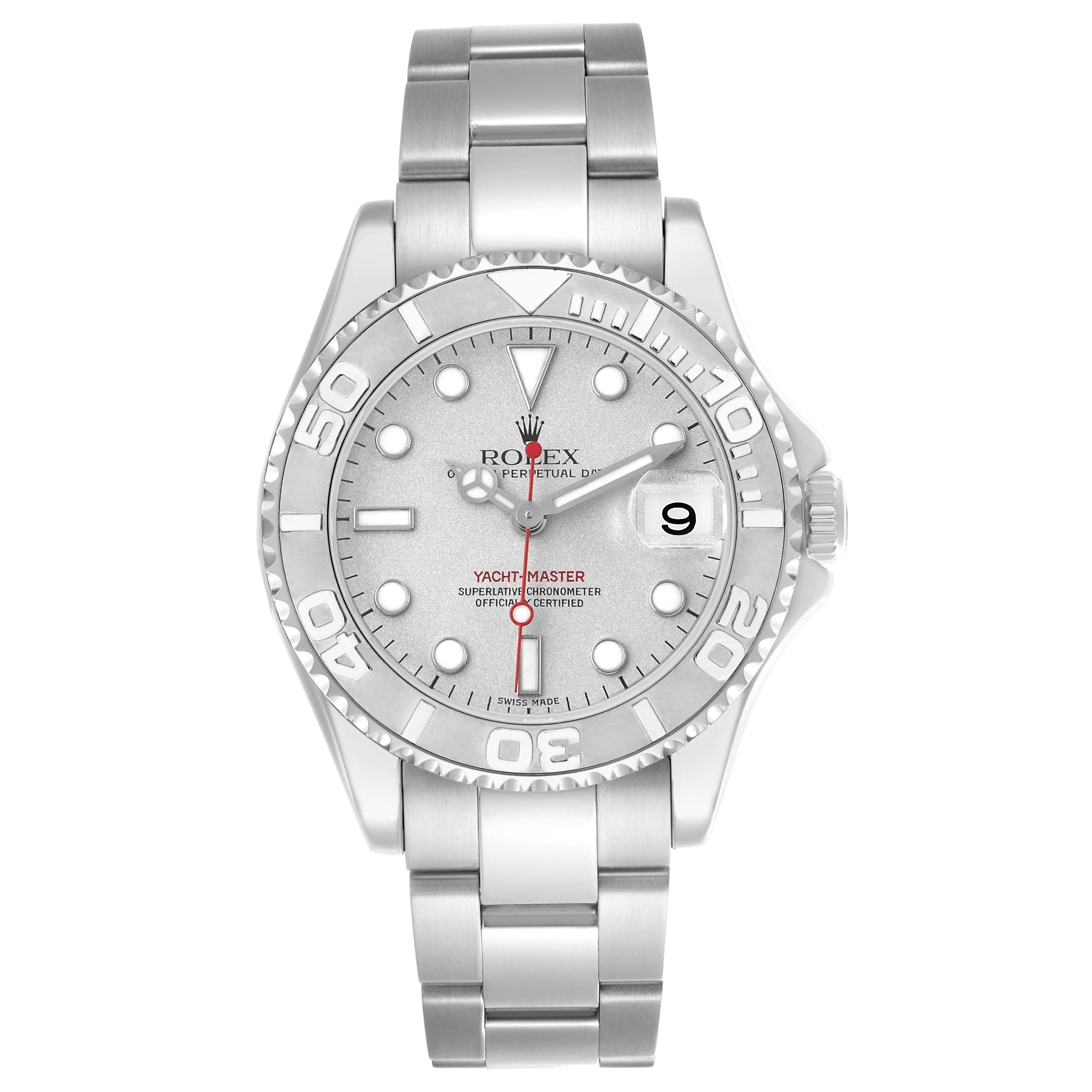 This Rolex Yacht-Master 168622 Men's Stainless Steel Silver Dial watch is shown from a front view, displaying the dial, bezel, bracelet, and crown.