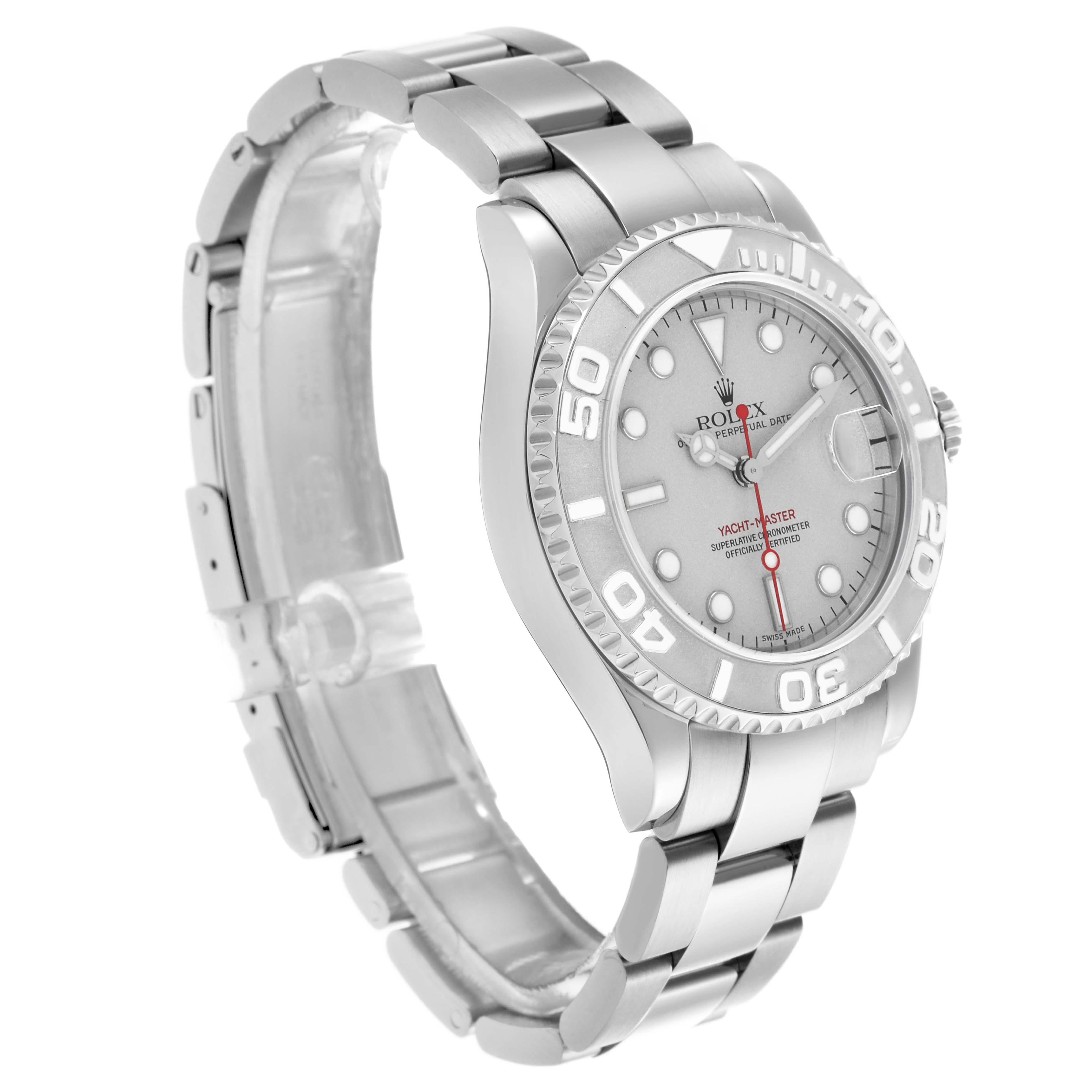 The Rolex Yacht-Master 168622 Men's Stainless Steel Silver Dial watch is shown at a three-quarter angle, highlighting the face, bezel, and bracelet.