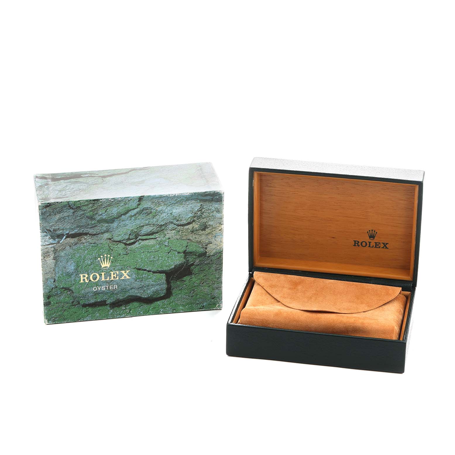 The image shows a Rolex Yacht-Master 168623 Men's Steel and Gold (two tone) Champagne Dial watch box and packaging from an angled top view, featuring the outer and inner boxes.