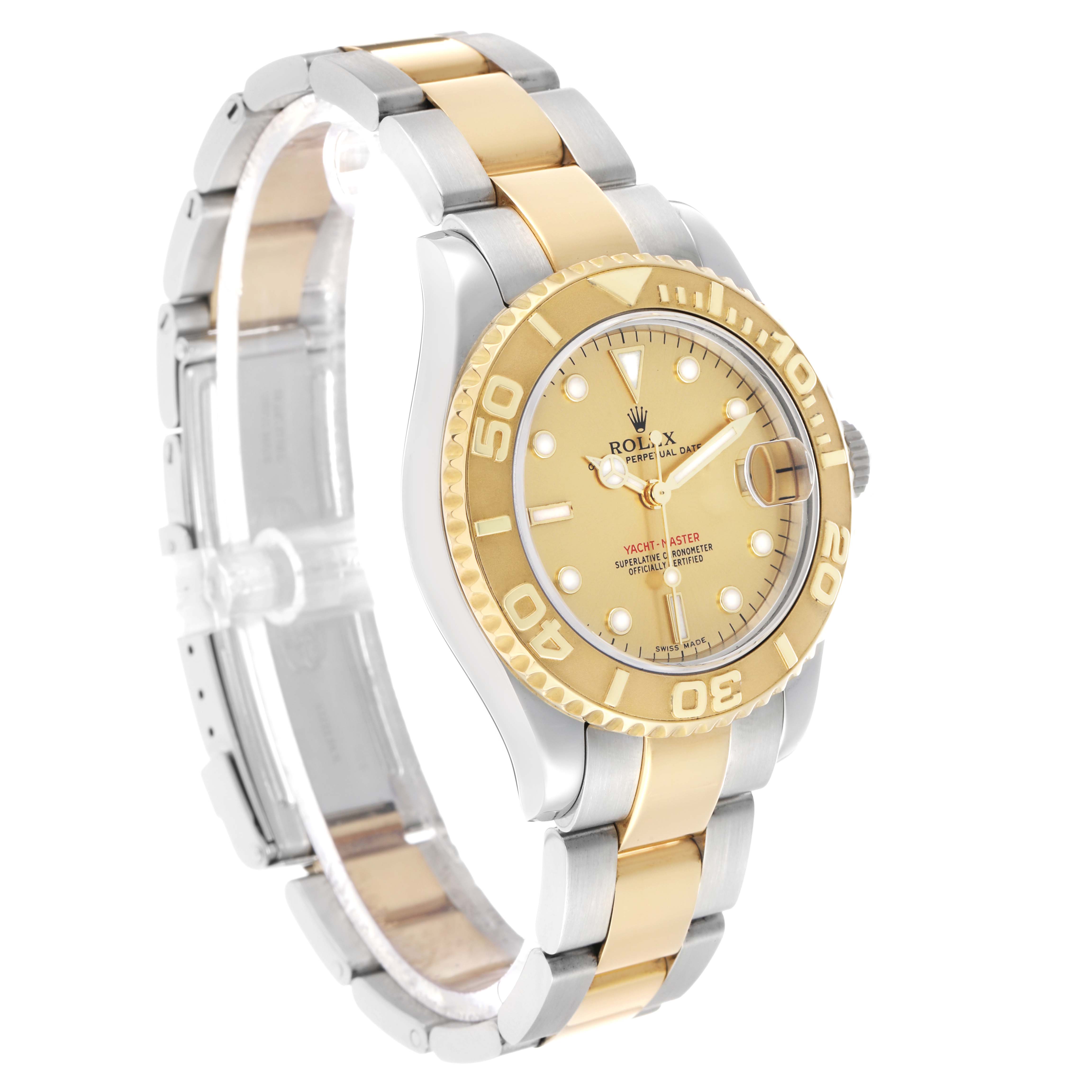 The Rolex Yacht-Master 168623 Men's Steel and Gold (two tone) Champagne Dial watch is shown at a side angle, displaying the bracelet, bezel, dial, and crown.