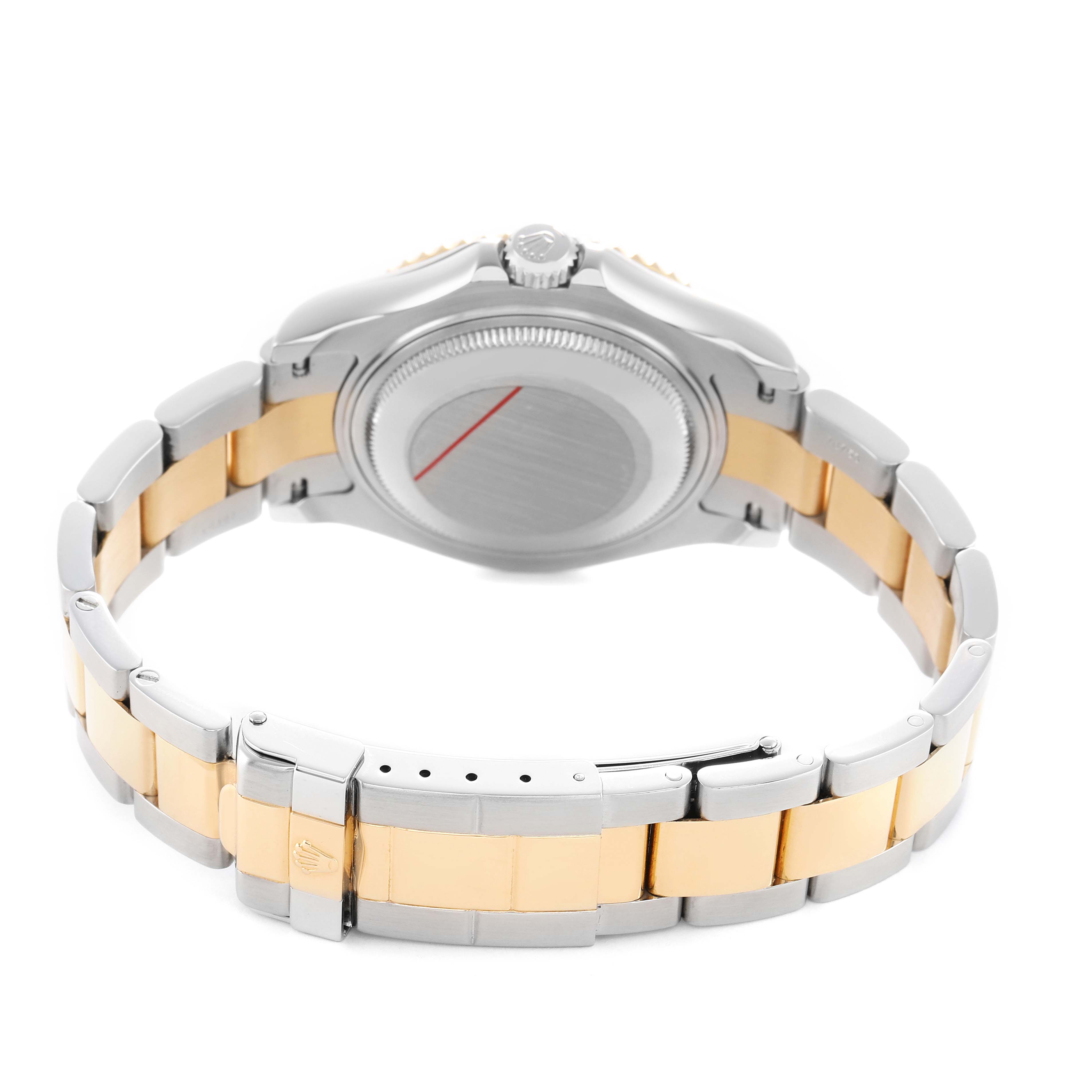The image shows the Rolex Yacht-Master 168623 Men's Steel and Gold (two tone) Champagne Dial watch from the back, highlighting the bracelet and case back.