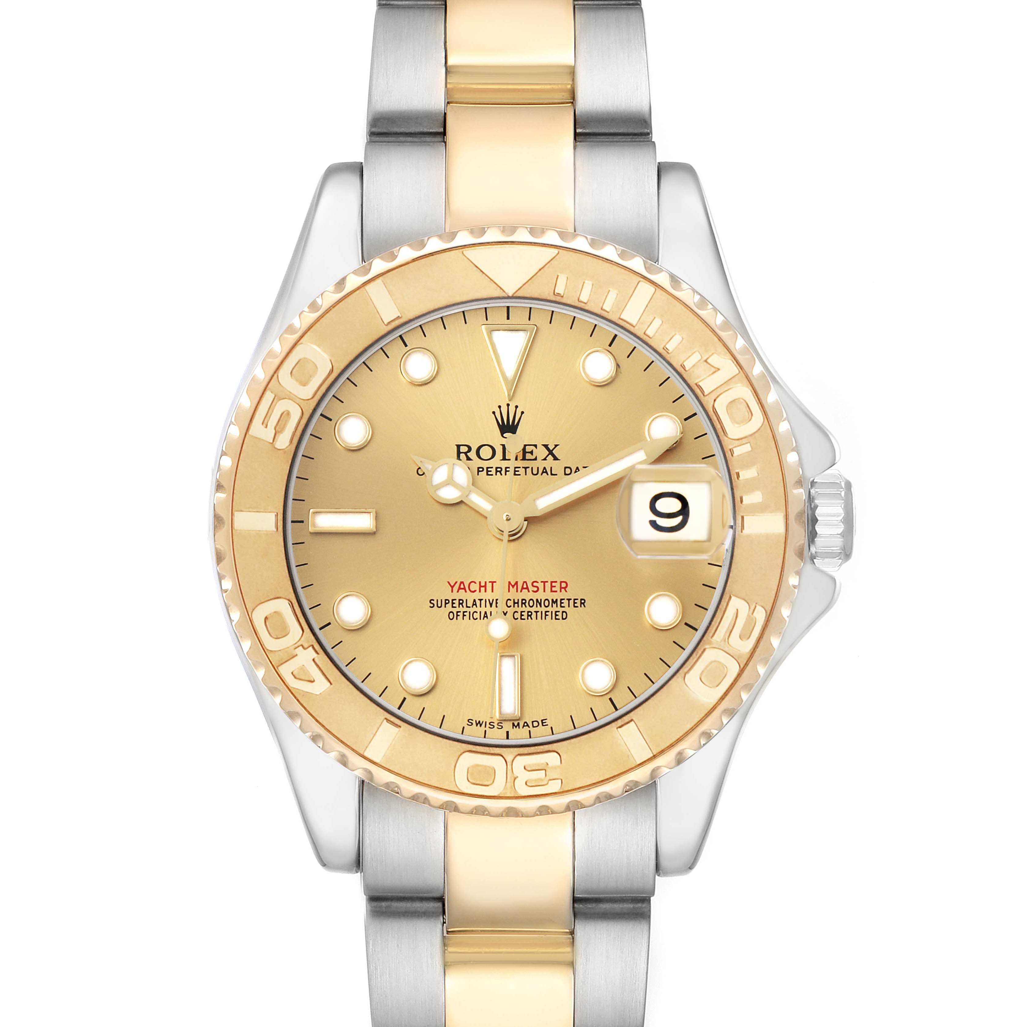 The Rolex Yacht-Master 168623 Men's Steel and Gold (two tone) Champagne Dial watch is shown from the front, highlighting the dial, bezel, and part of the bracelet.