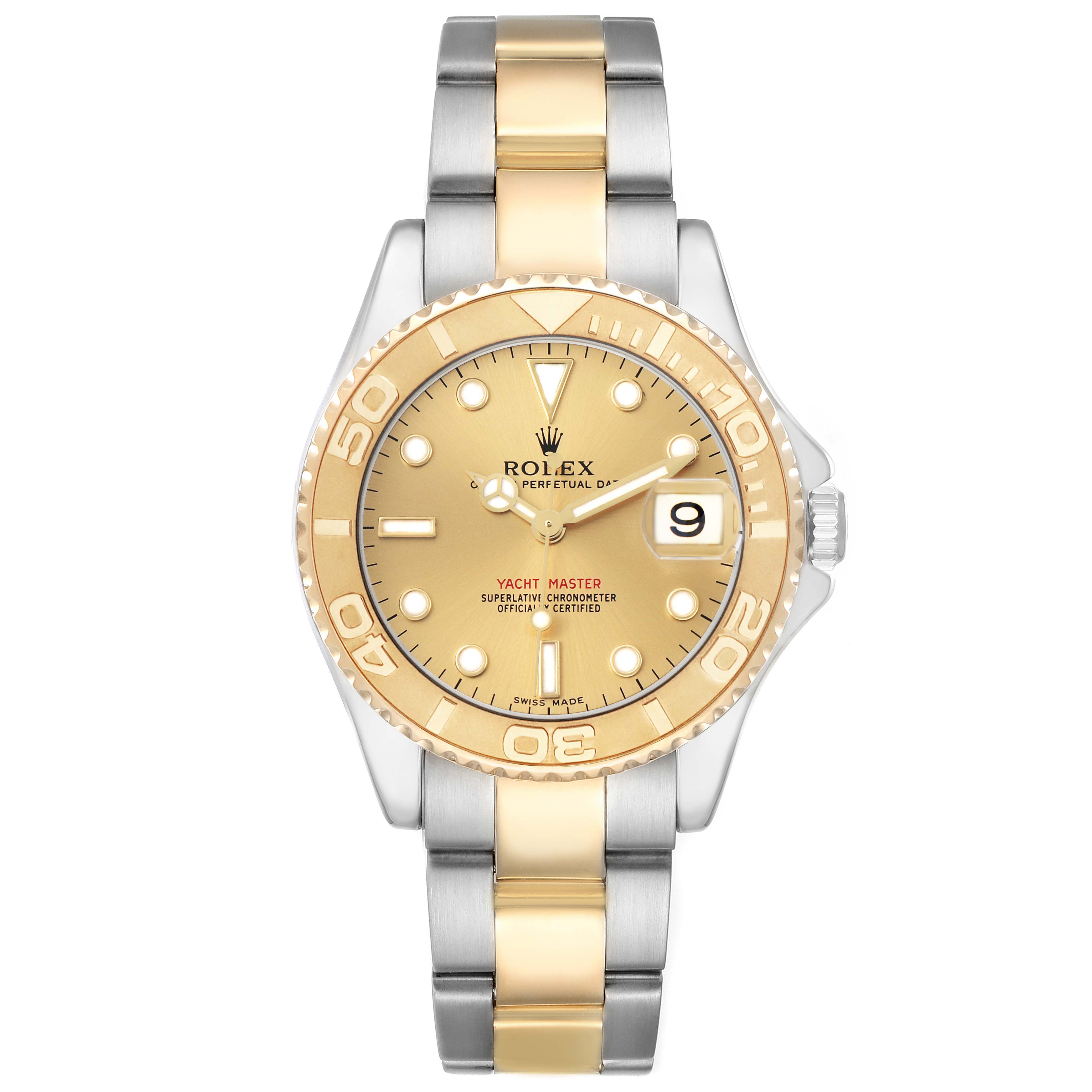 The Rolex Yacht-Master 168623 Men's Steel and Gold (two tone) Champagne Dial watch is shown from the front, featuring its gold and silver bracelet and a gold dial with a date window.