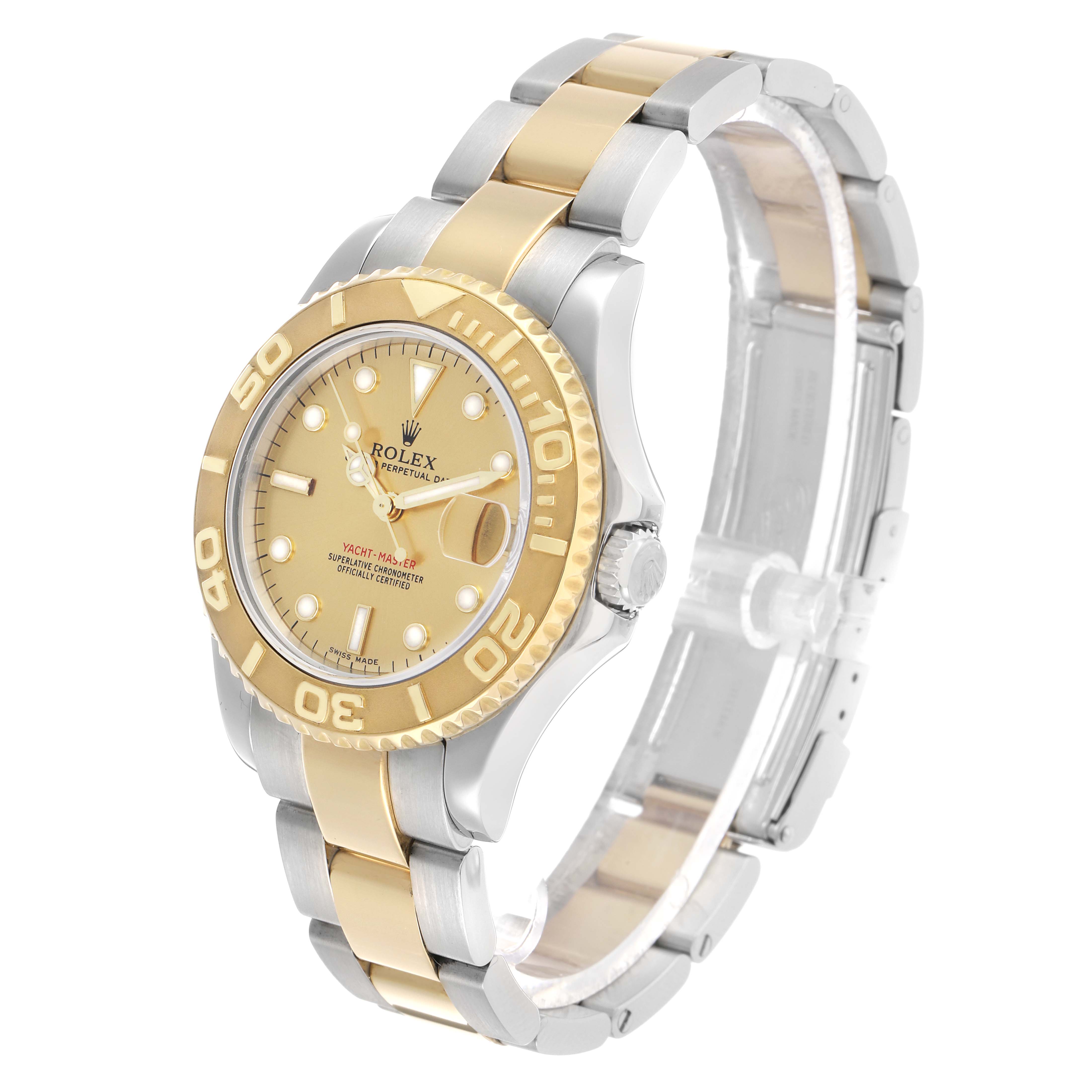 The Rolex Yacht-Master 168623 Men's Steel and Gold (two tone) Champagne Dial watch is shown from an angled side perspective, highlighting the dial, bezel, and bracelet.