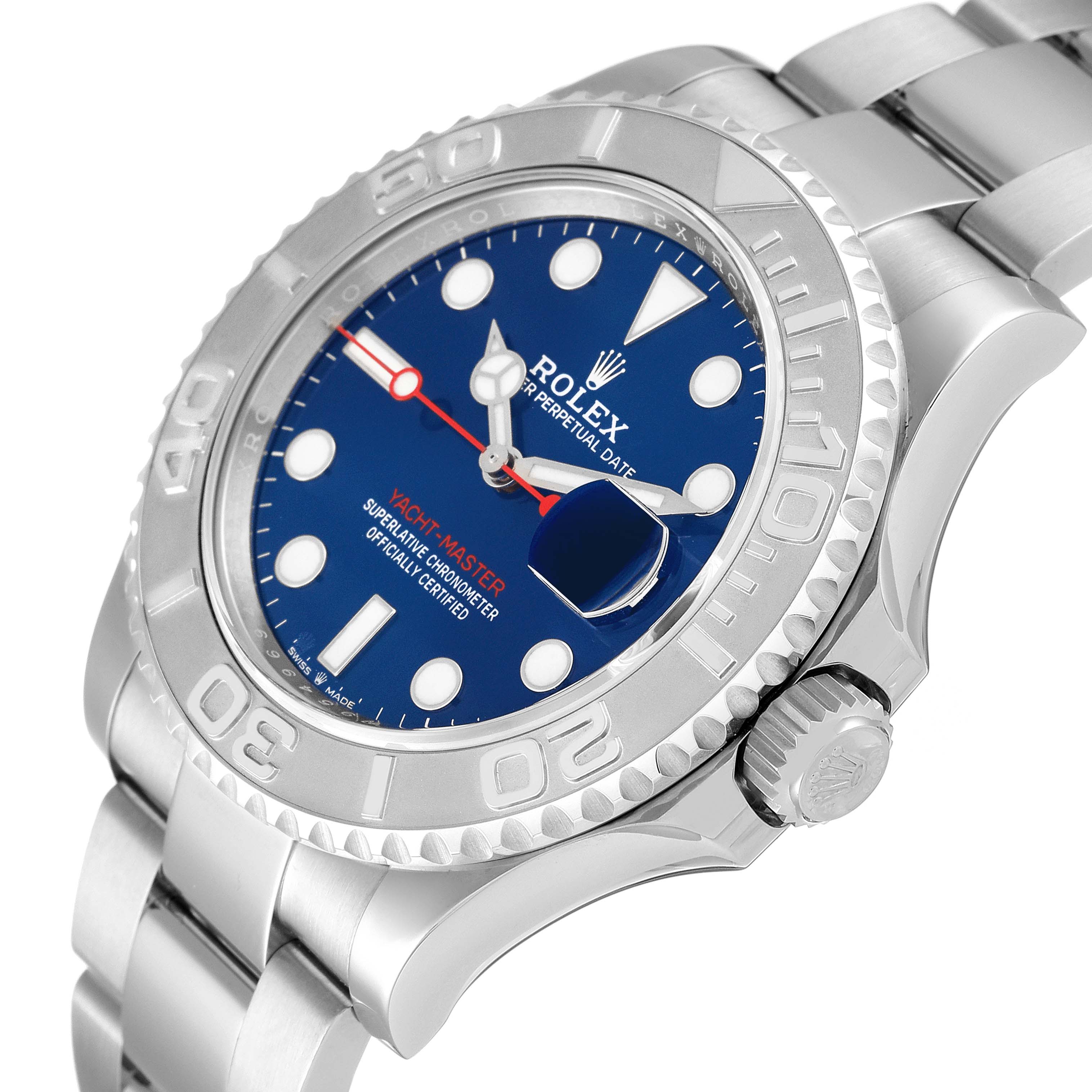 This image shows a close-up angled view of the dial, bezel, and part of the bracelet of the Rolex Yacht-Master 126622 Men's Stainless Steel Blue Dial 126622 Men's Stainless Steel Blue Dial watch.