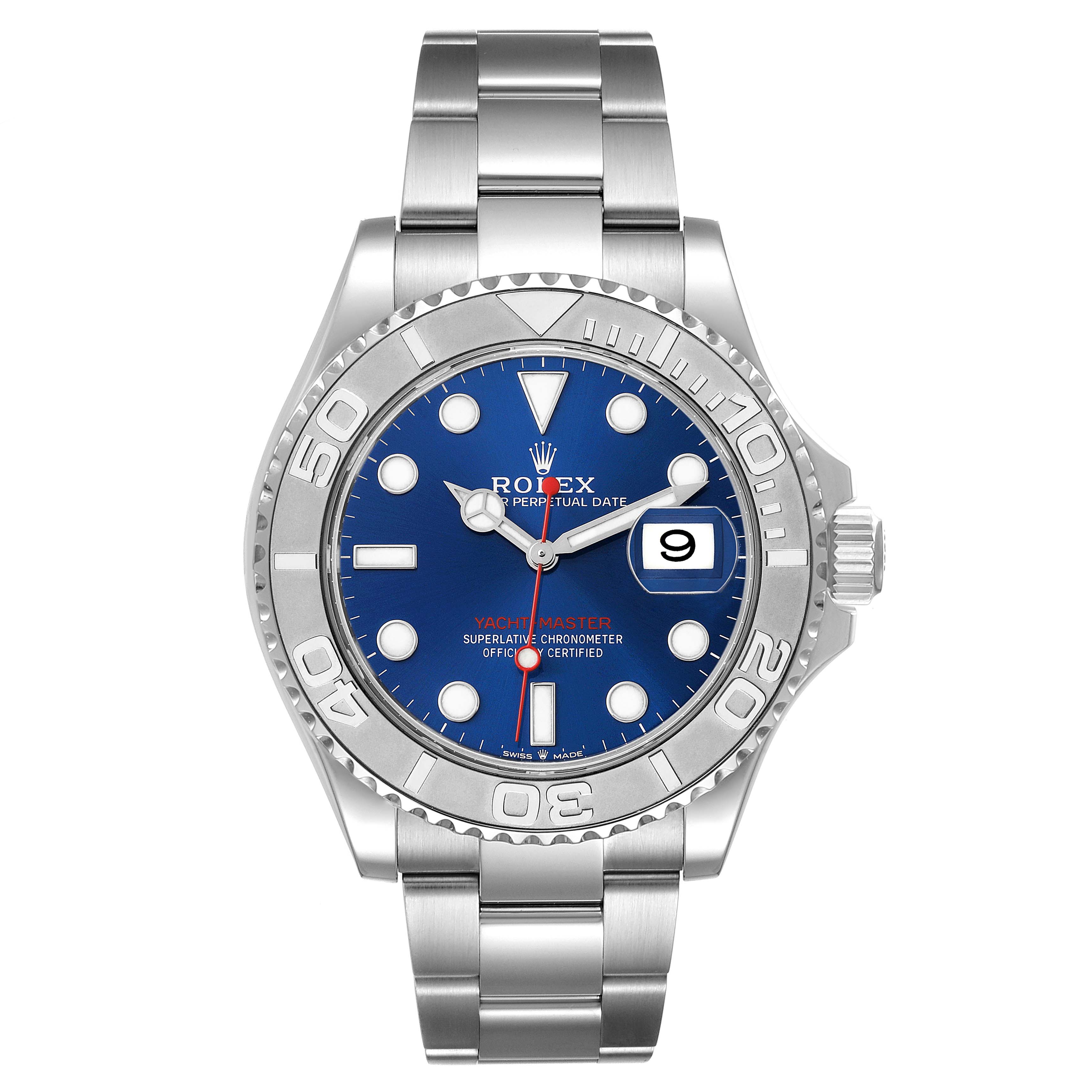 The image shows a front view of a Rolex Yacht-Master 126622 Men's Stainless Steel Blue Dial 126622 Men's Stainless Steel Blue Dial watch, featuring its dial, bezel, and bracelet.
